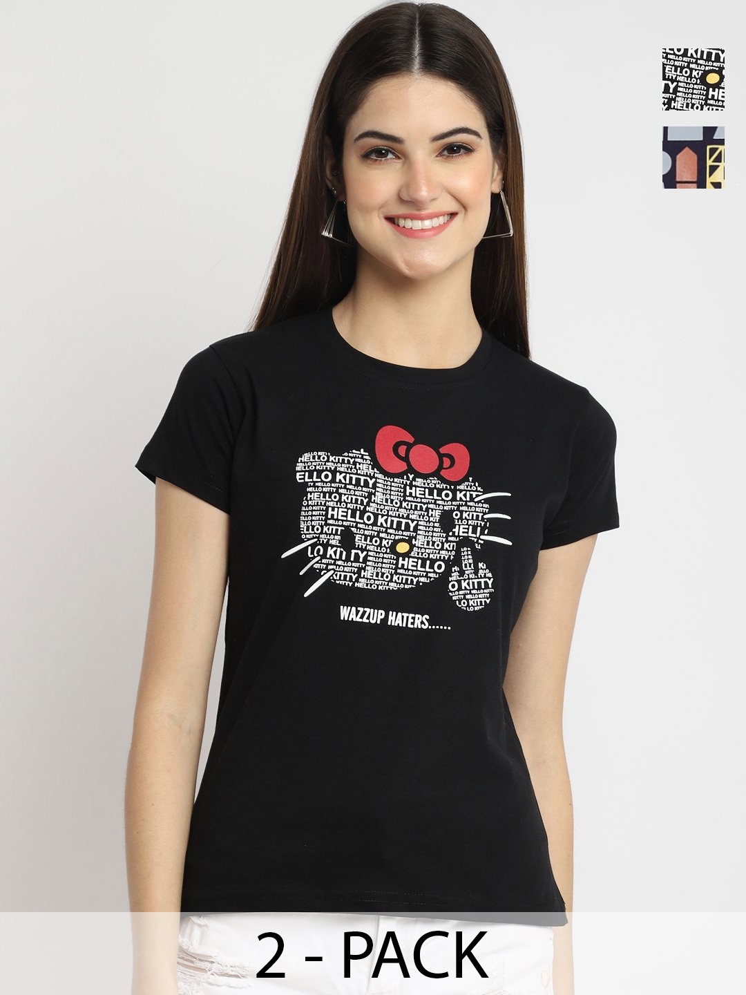 

Tromko Women Pack of 2 Typography Printed Round Neck Cotton Regular Fit T-shirts, Black