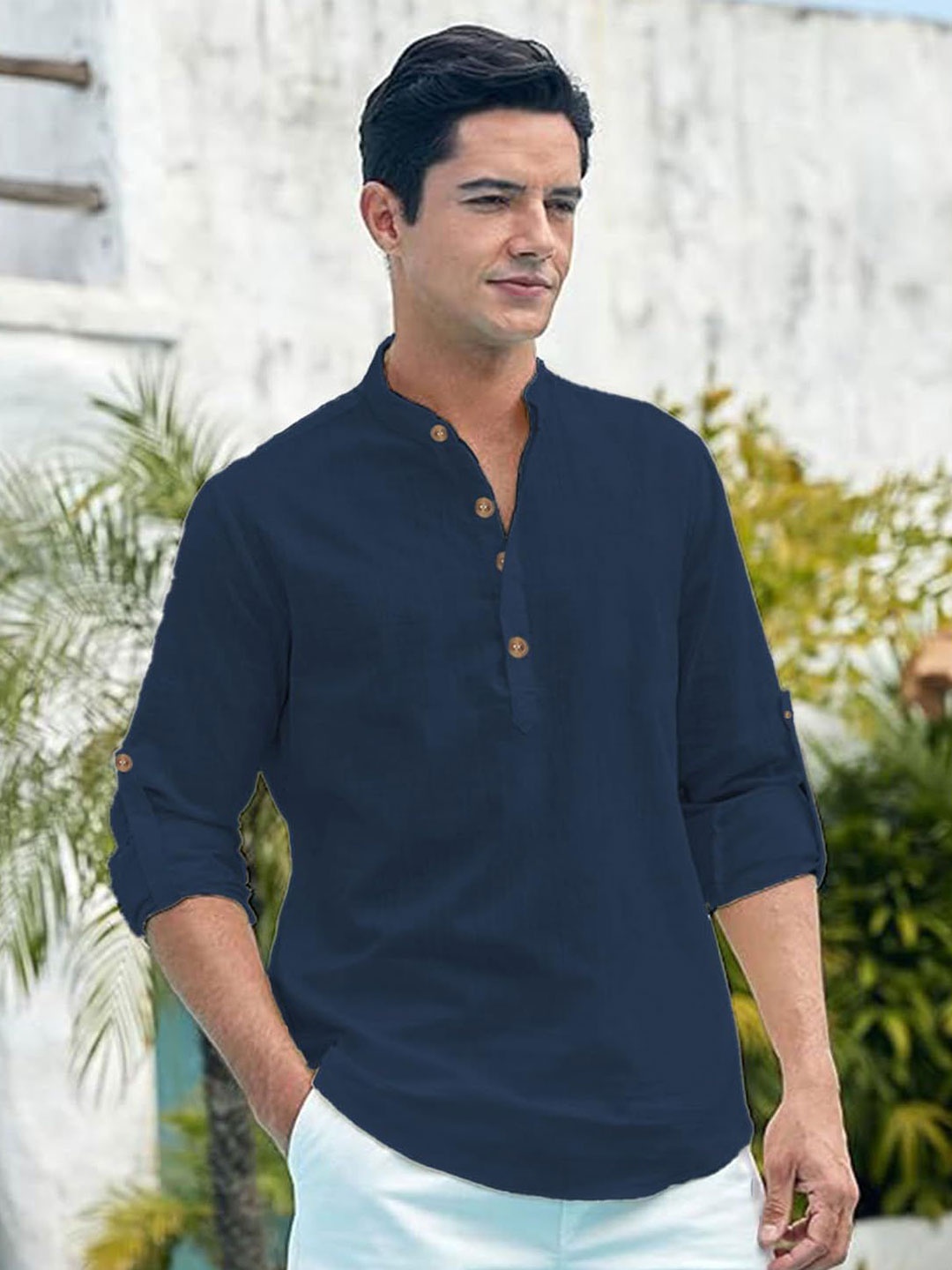 

EdinWolf Men India Slim Fit Band Collar Solid Cotton Casual Shirt, Navy blue