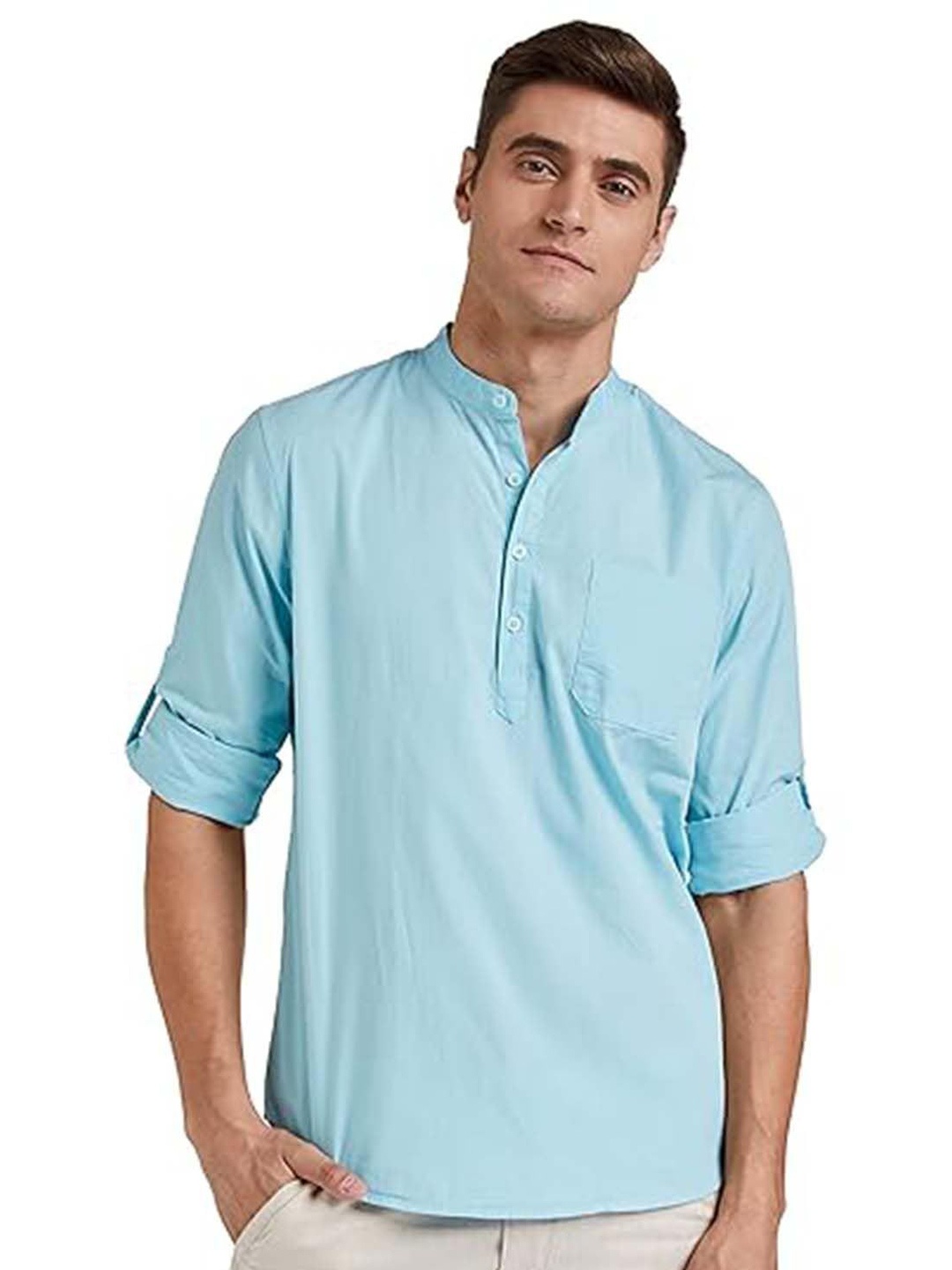 

EdinWolf Men India Slim Fit Band Collar Solid Cotton Casual Shirt, Blue