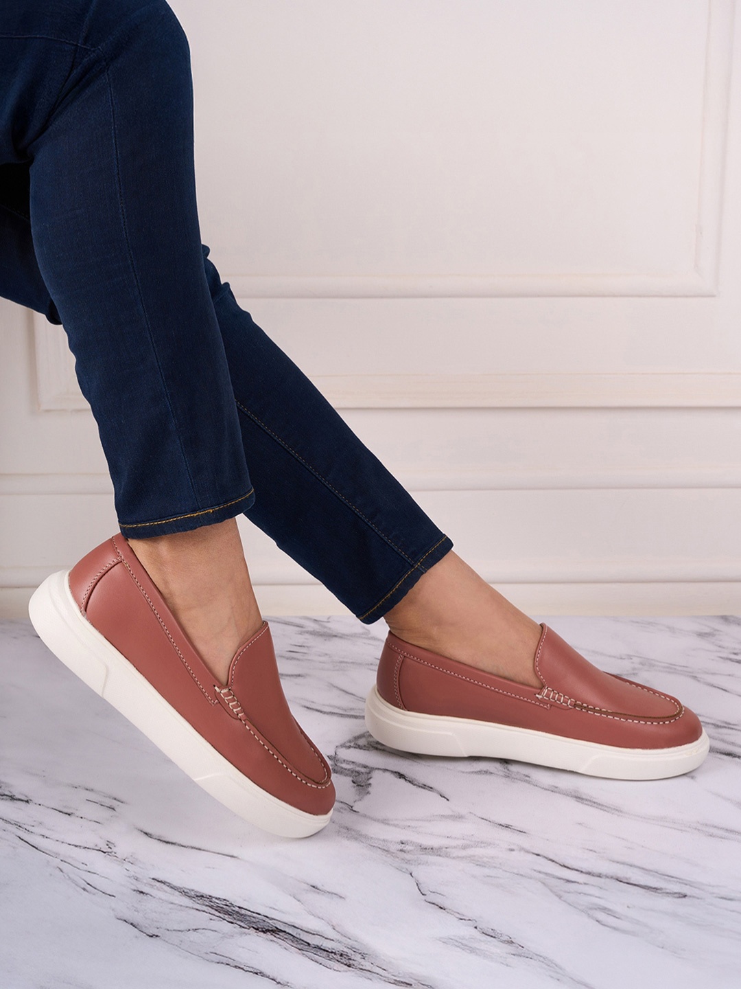 

ID Women Slip-On Leather Loafers, Peach