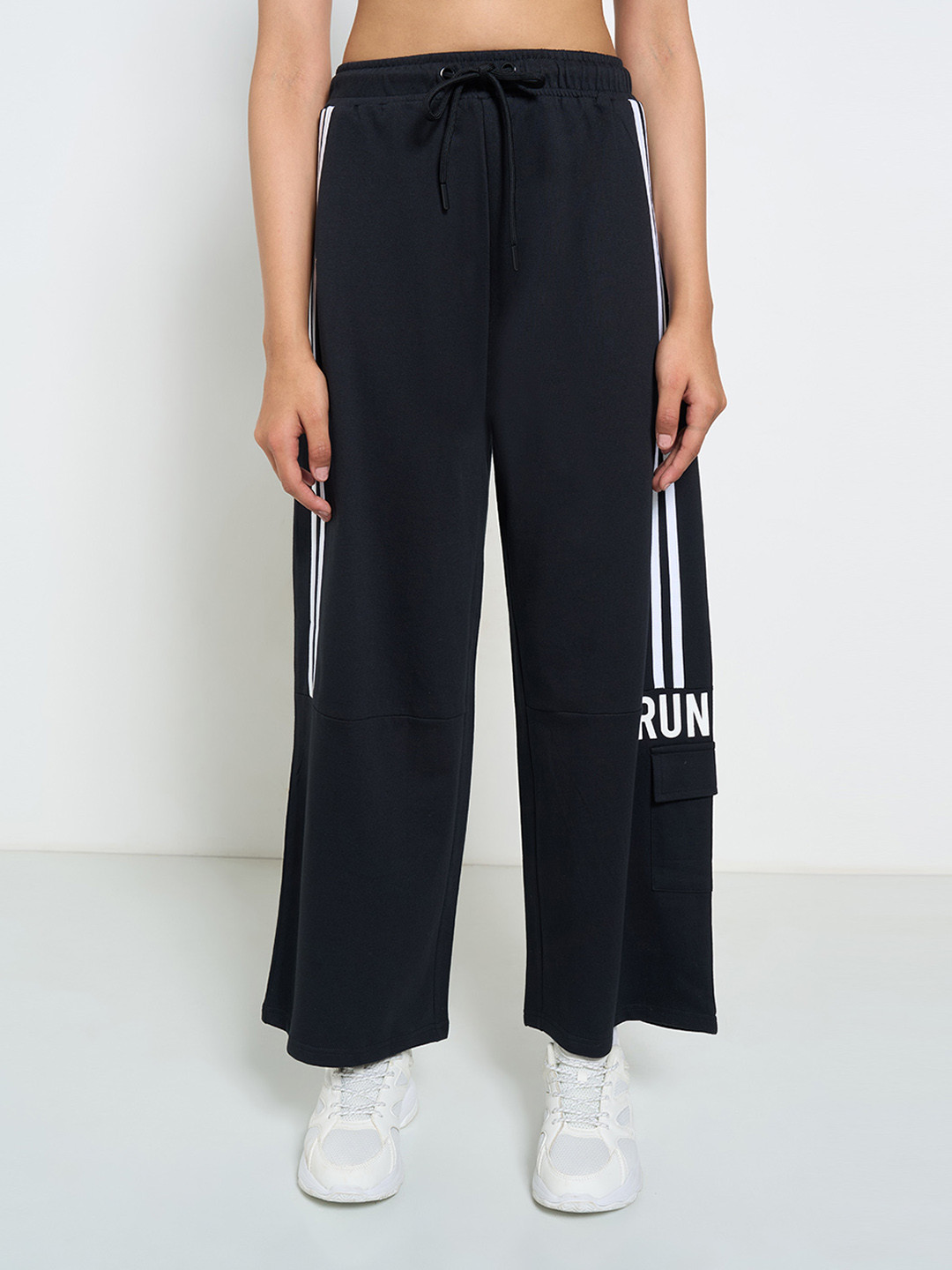 

Ajile by Pantaloons Women Striped Cotton High-Rise Trousers, Black