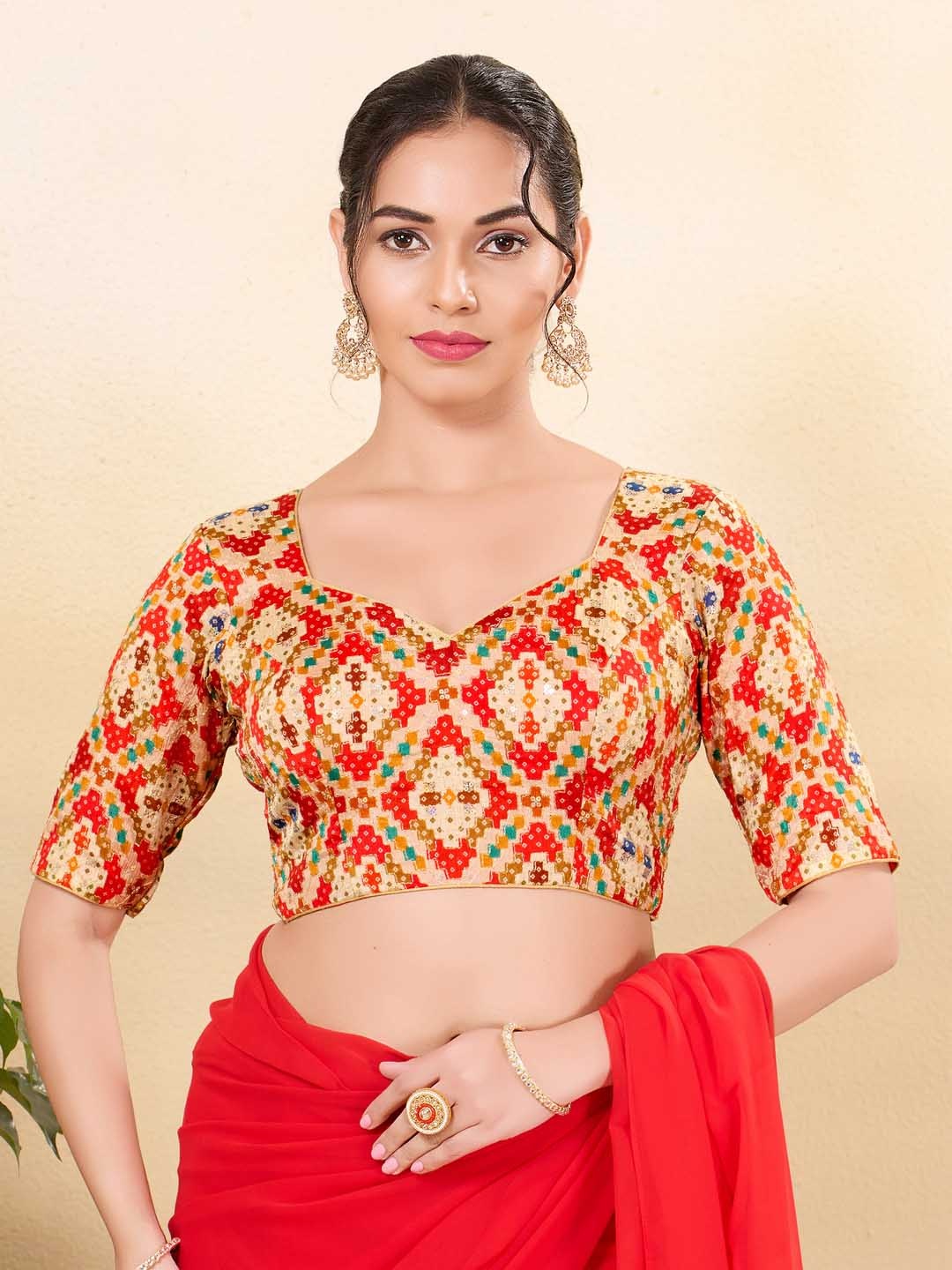 

VAMAS - THE DESIGNER BLOUSES Women Sweetheart Neck Padded Saree Blouse, Red