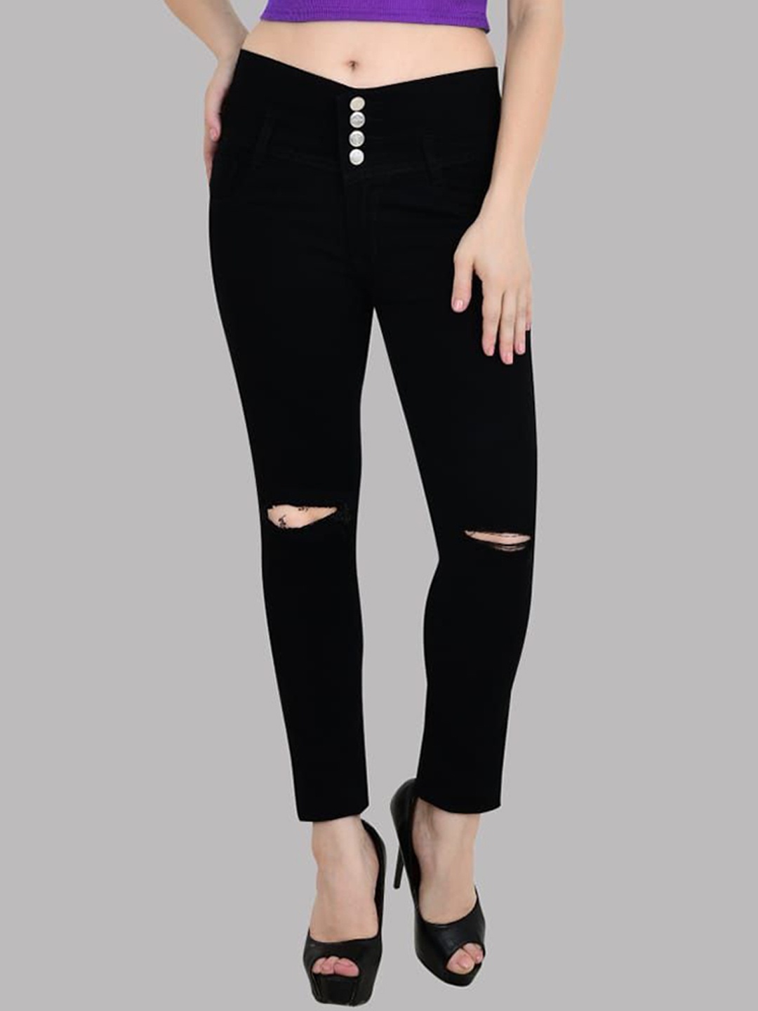 

LINARIA Women Classic Tapered Fit Slash Knee Jeans, Black
