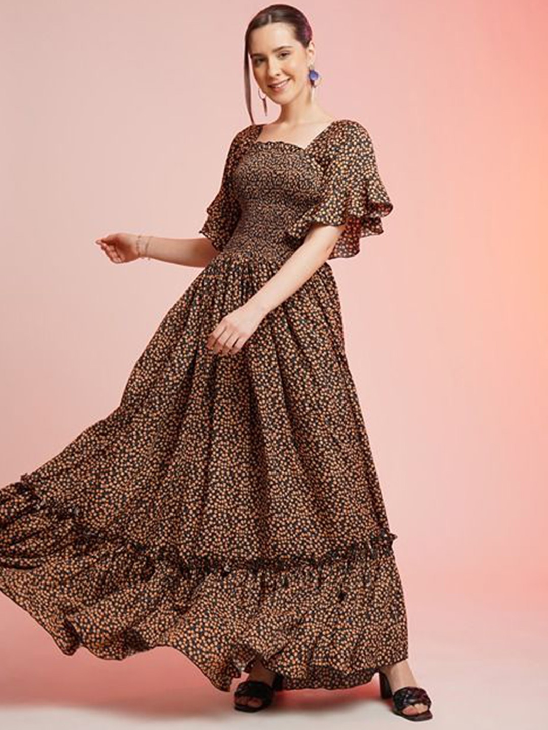

De La Moda Women Floral Printed Fit & Flare Maxi Dress, Brown