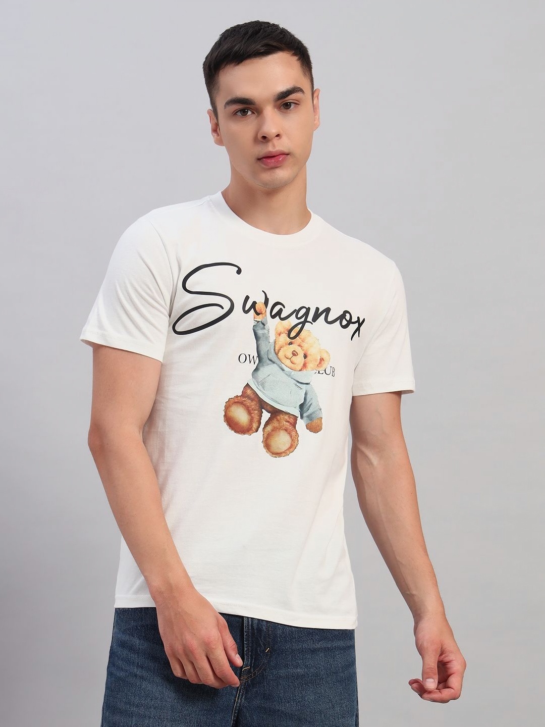 

SWAGNOX Men Typography Printed Round Neck Cotton Regular Fit T-shirt, White