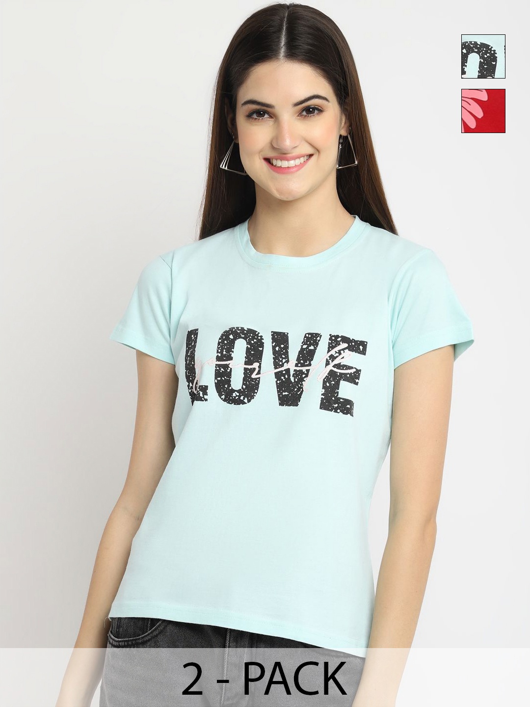 

Tromko Women Pack of 2 Typography Printed Round Neck Cotton Regular Fit T-shirts, Turquoise blue