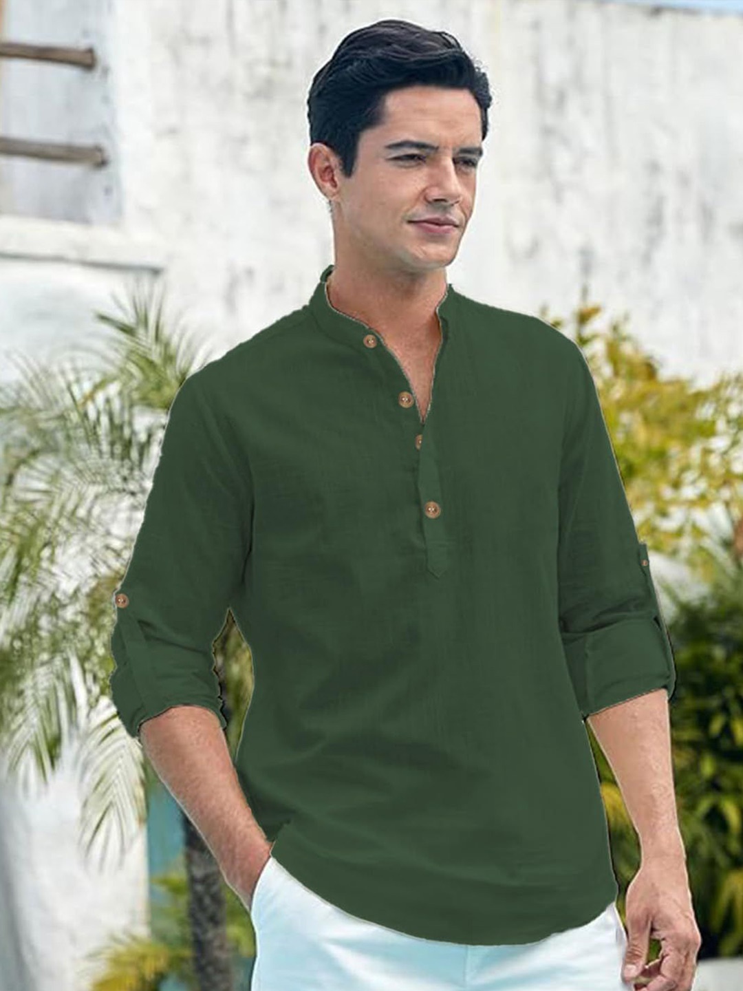 

EdinWolf Men India Slim Fit Mandarin Collar Solid Cotton Casual Shirt, Green