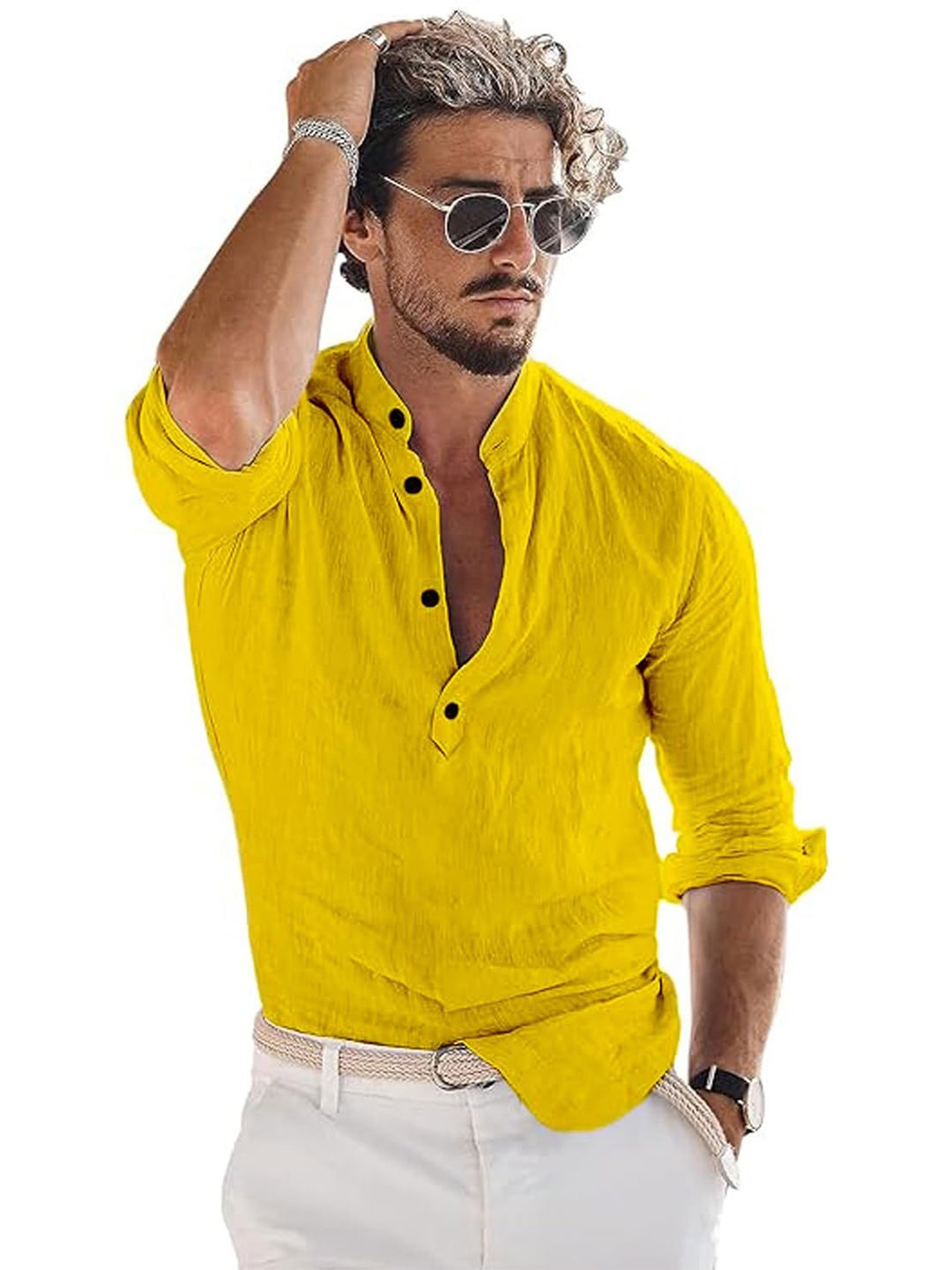 

EdinWolf Men India Slim Fit Band Collar Solid Cotton Casual Shirt, Yellow