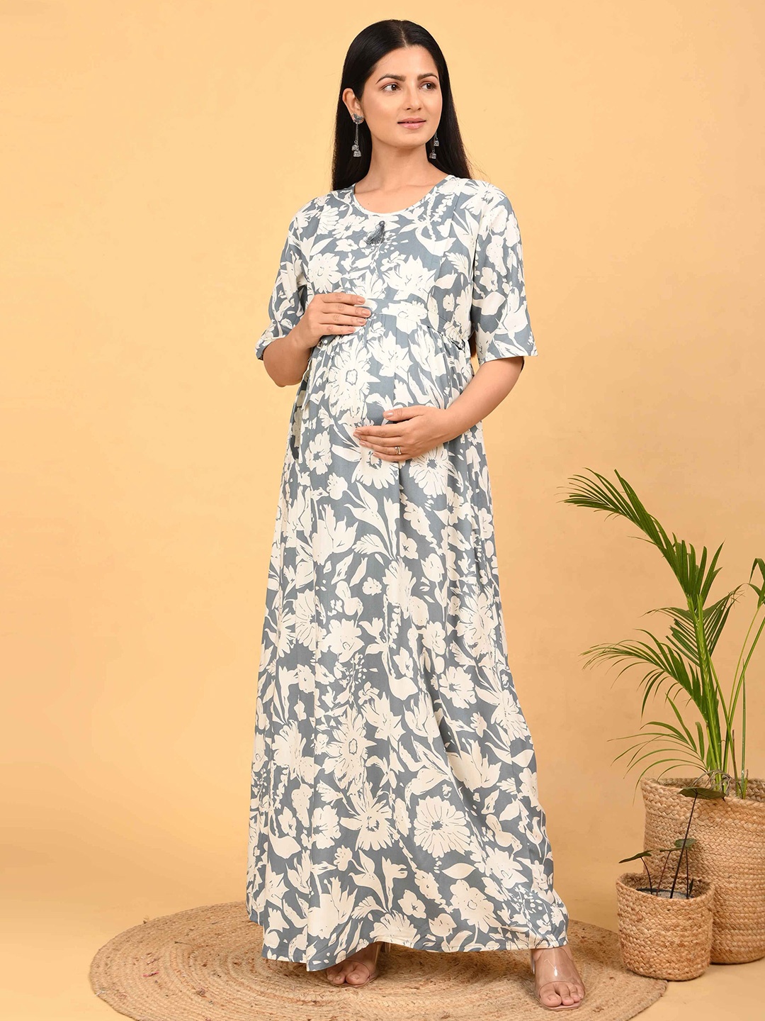 

Goldstroms women Floral Printed Round Neck Maternity Maxi Dress, Grey