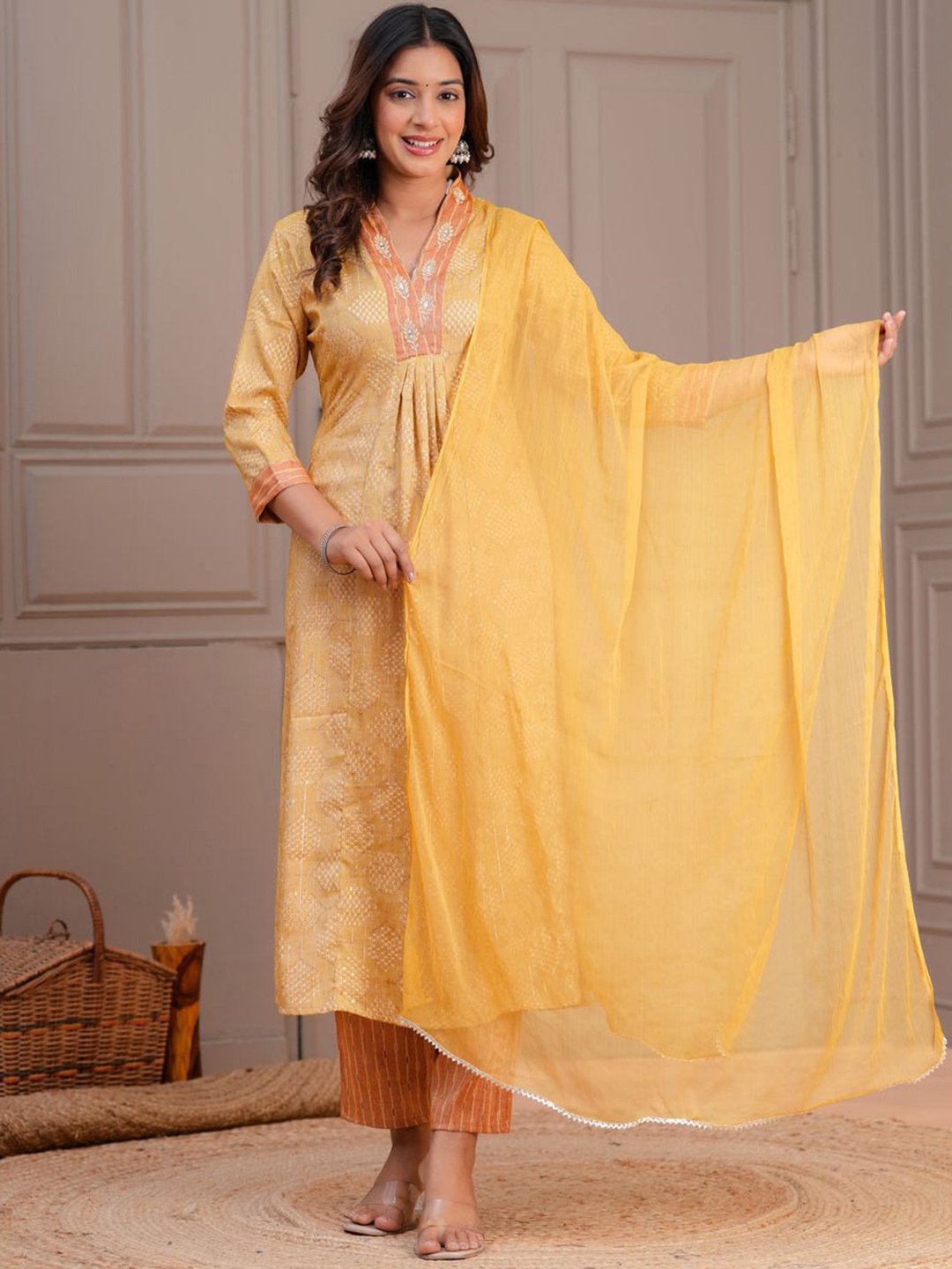 

SINGNI Floral Printed Pleated V-Neck A-Line Kurta With Trousers & Dupatta, Mustard