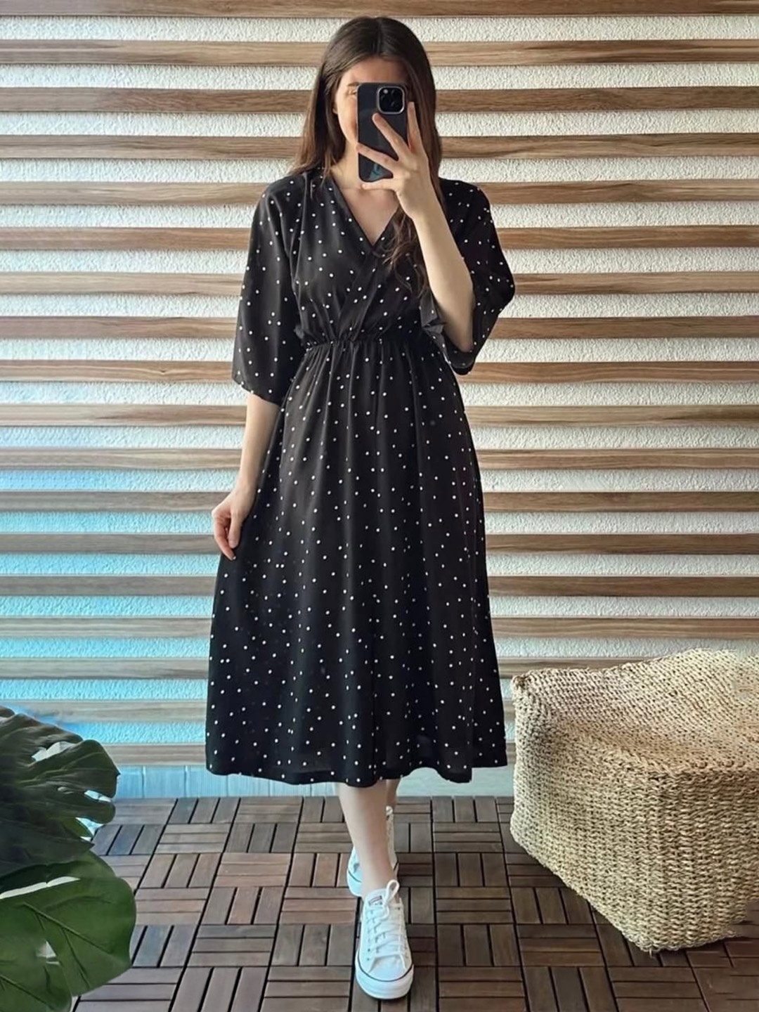 

MANOJAVA Women Polka Dots V-Neck Fit & Flare Midi Dress, Black