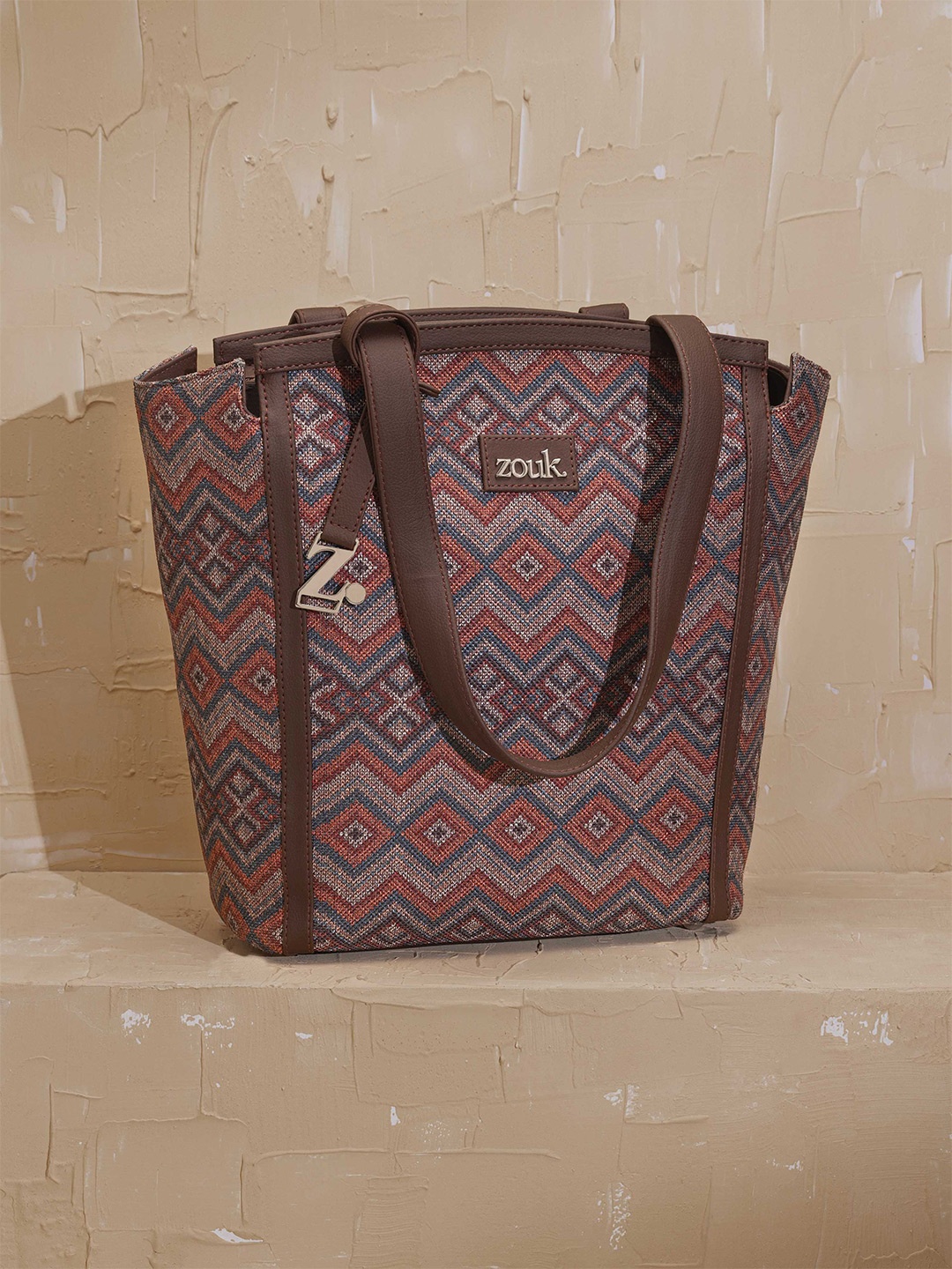 

ZOUK Women Geometric Printed Structured Shoulder Bag, Brown
