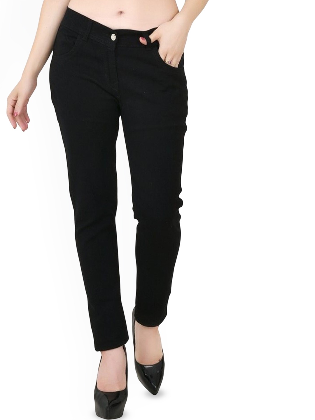 

LINARIA Women Cotton Classic Slim Fit Mid-Rise Low Distress Jeans, Black