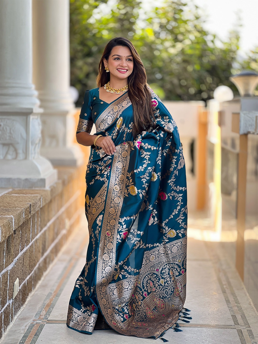 

Divyadham Textiles Woven Design Zari Pure Silk Banarasi Saree, Blue