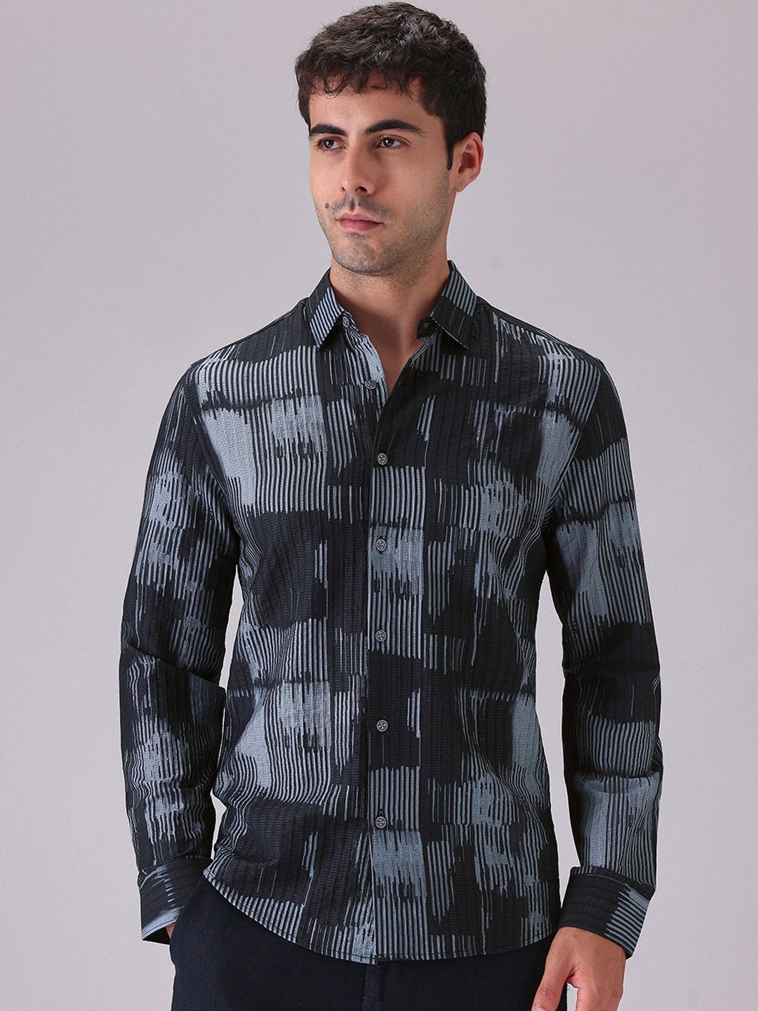 

Banana Club Men Classic Slim Fit Abstract Printed Casual Shirt, Black