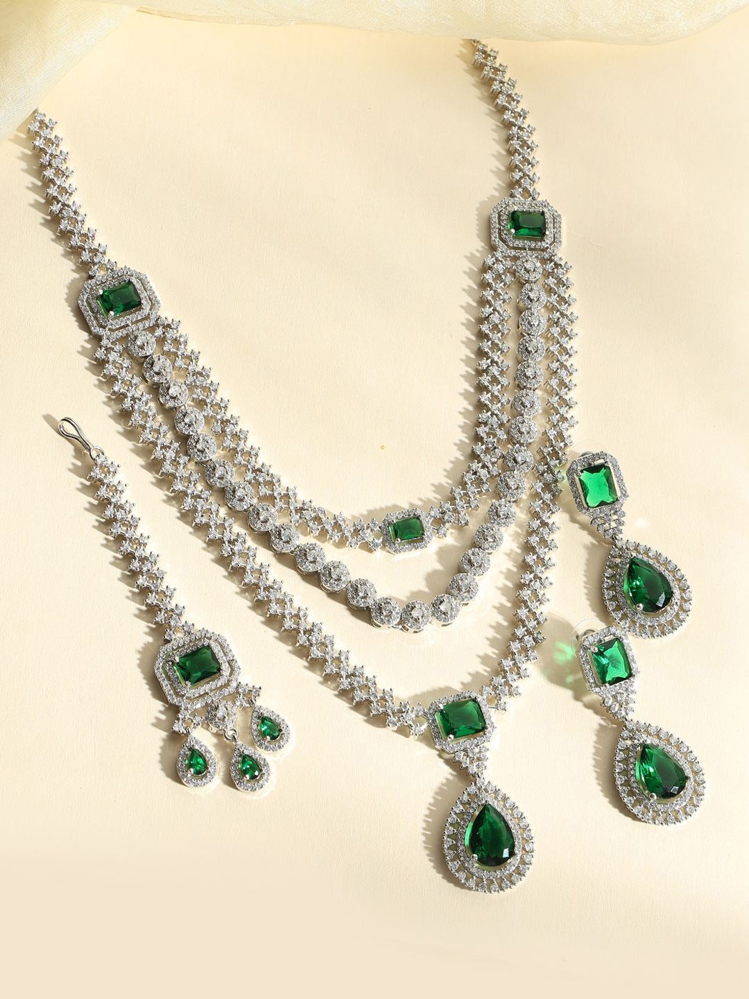 

justpeachy Rhodium-Plated American Diamond-Studded Jewellery Set, Silver