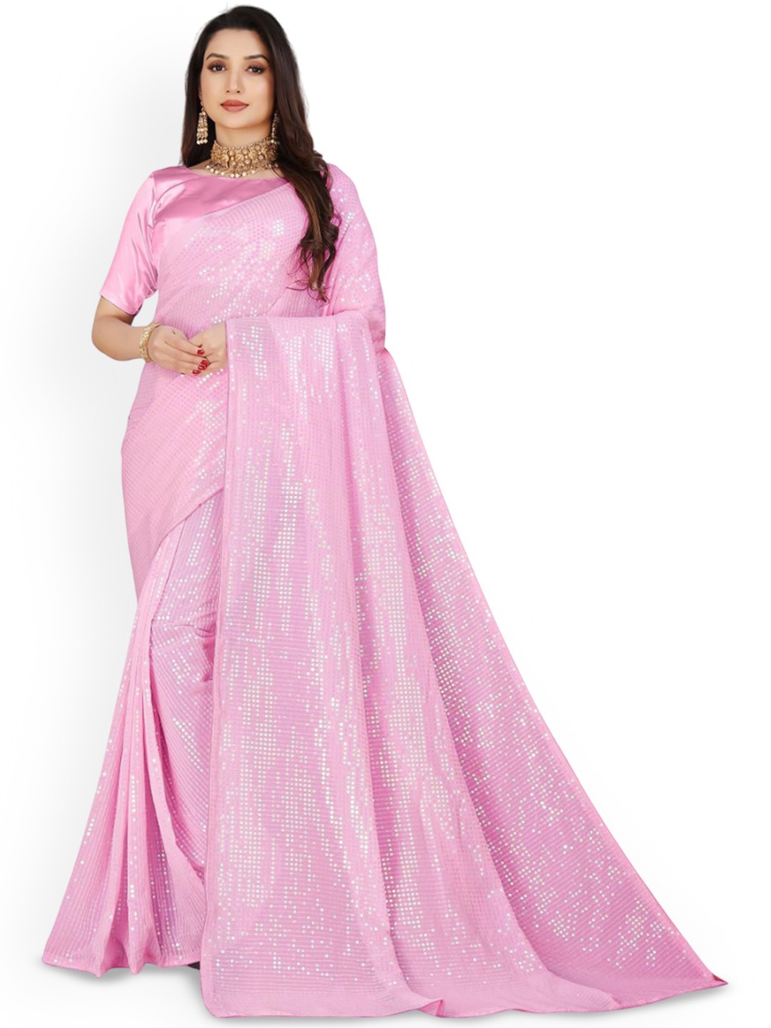 

THE52 Sequinned Embellished Pure Georgette Saree, Pink