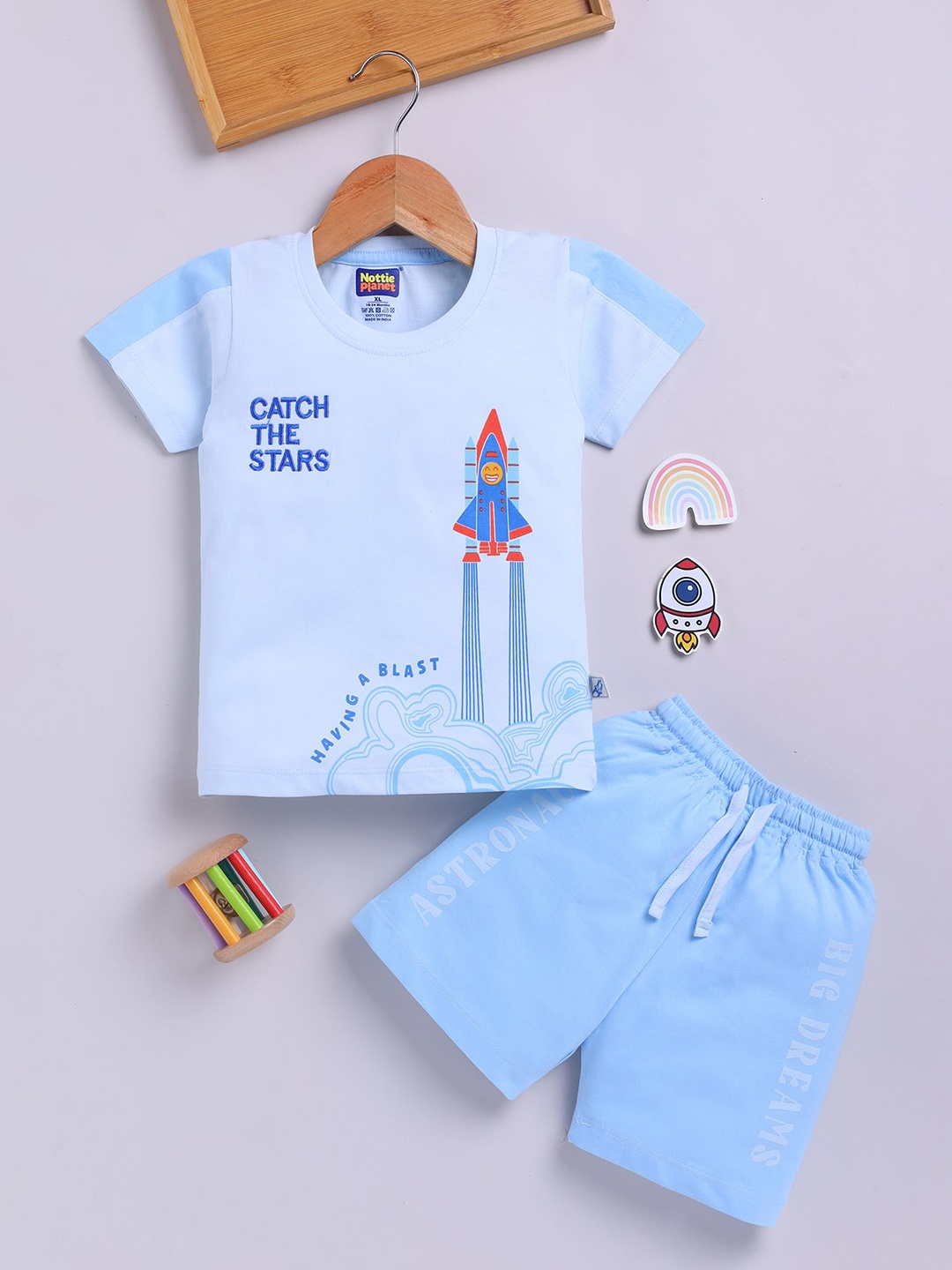 

Nottie Planet Boys Printed Pure Cotton T-shirt with Shorts, Blue