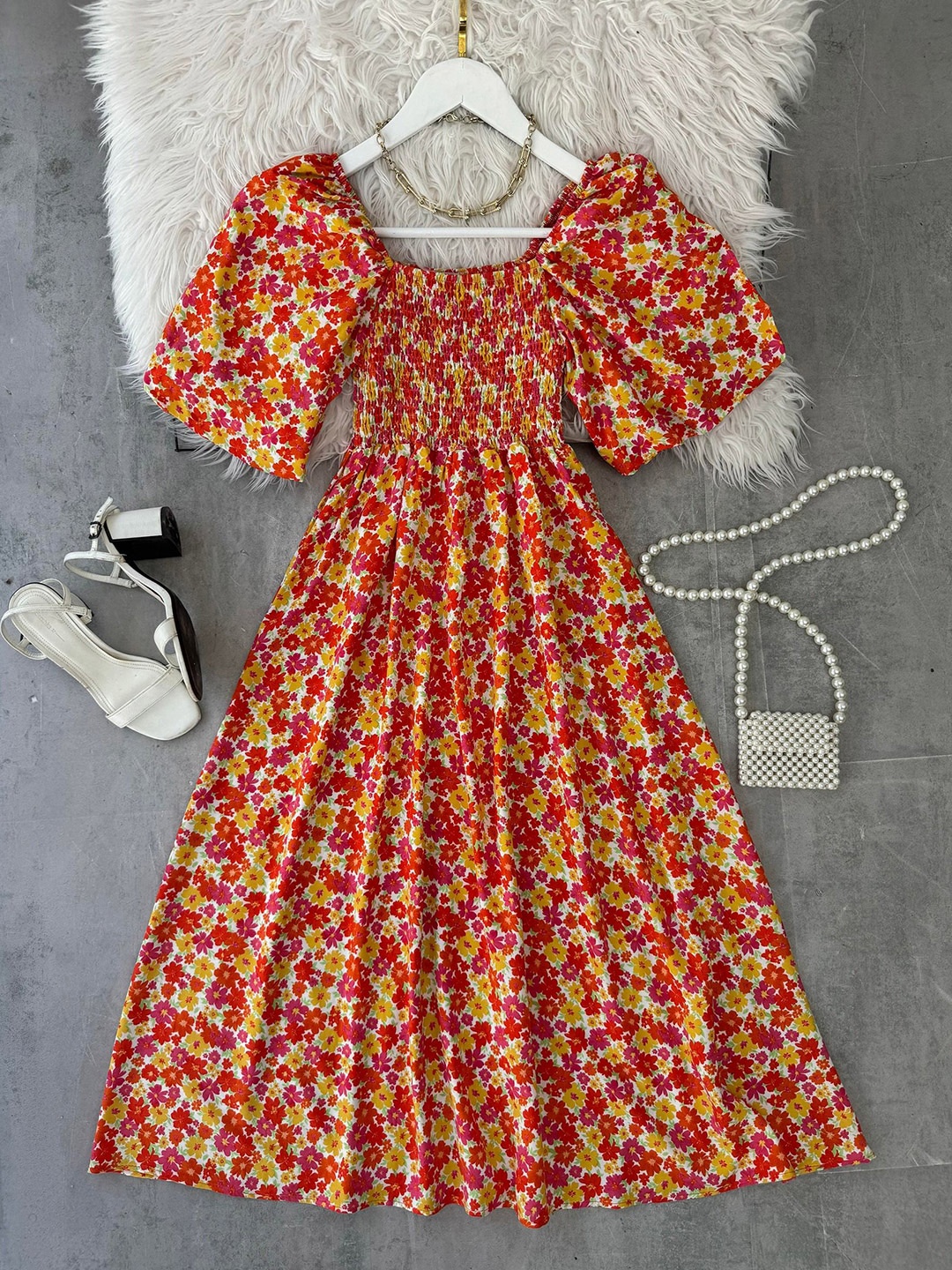 

De La Moda Women Floral Printed Fit & Flare Midi Dress, Orange
