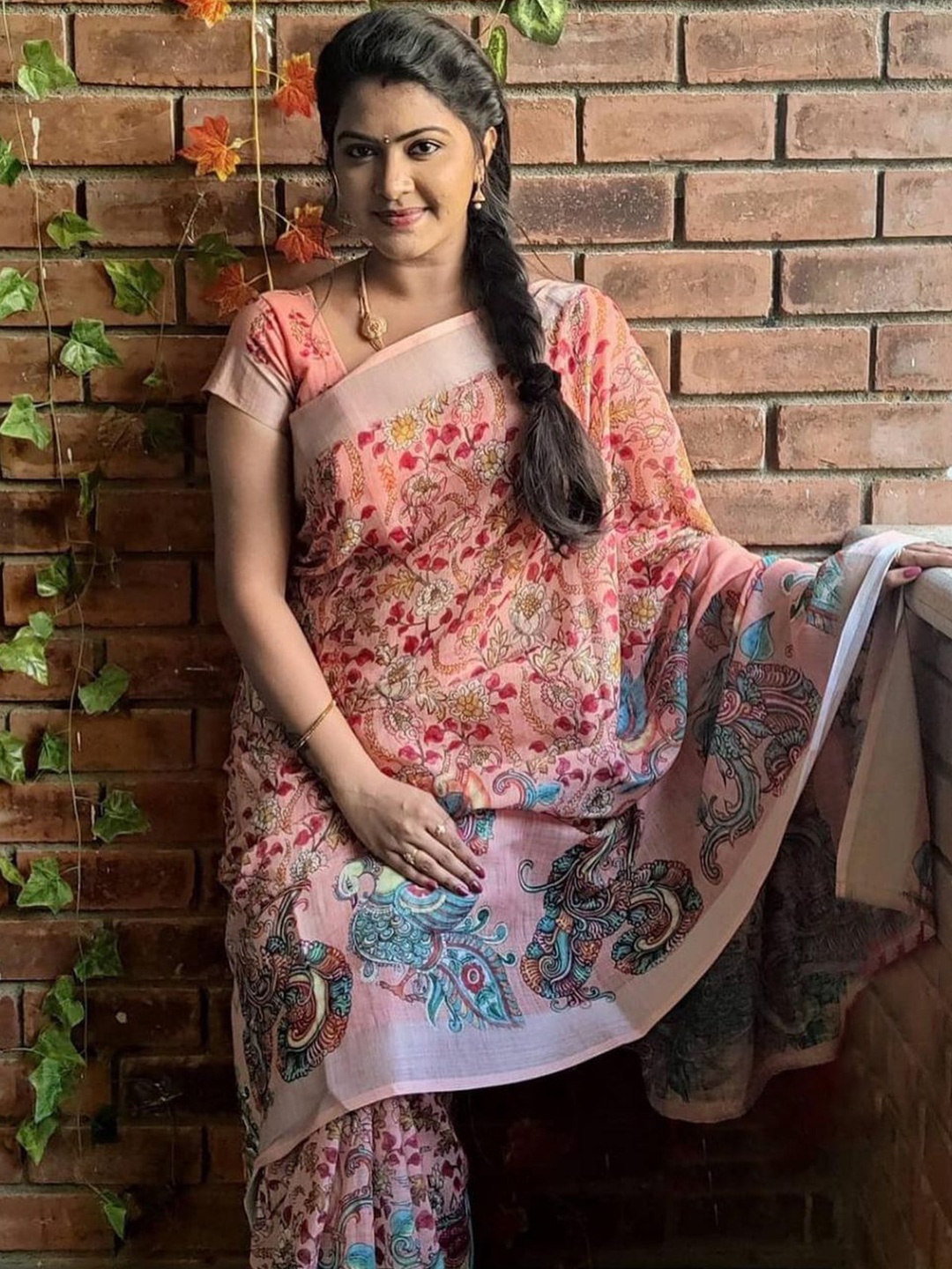 

Nimidiya Kalamkari Printed Pure Cotton Saree, Peach