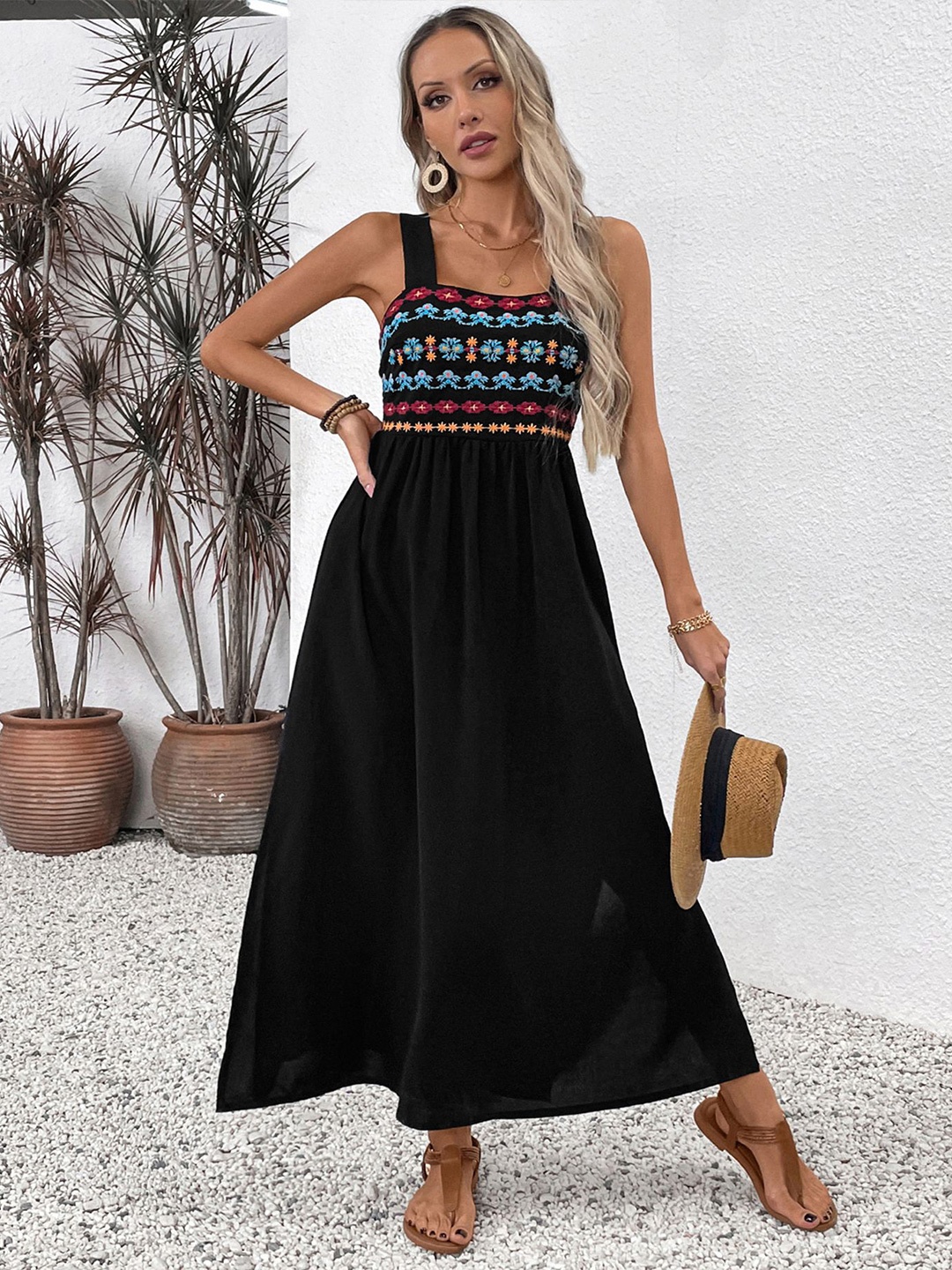 

StyleCast x Revolte Women Ethnic Motifs Embroidered Fit and Flare Midi Dress, Black