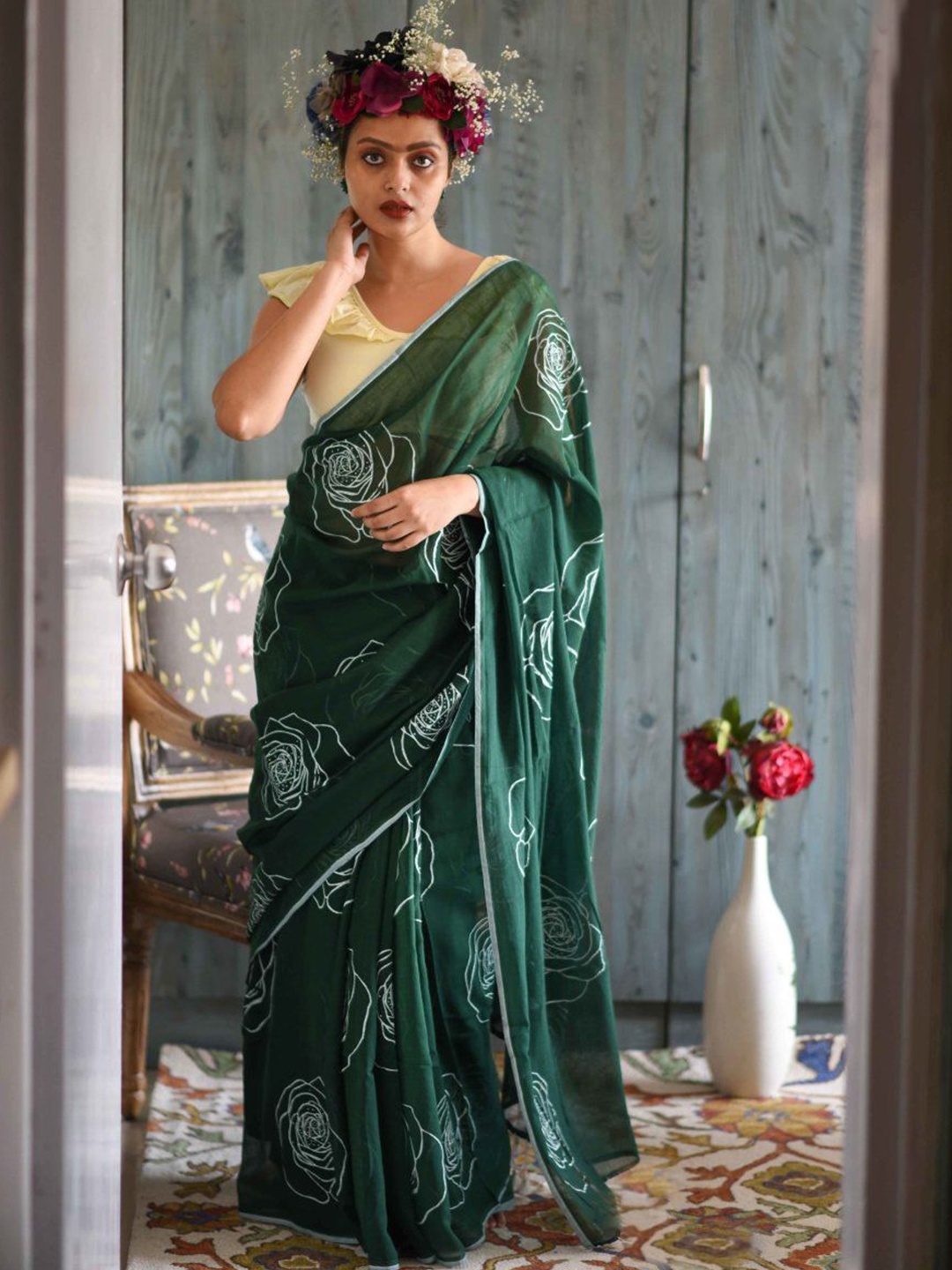 

Nimidiya Floral Printed Pure Cotton Saree, Green