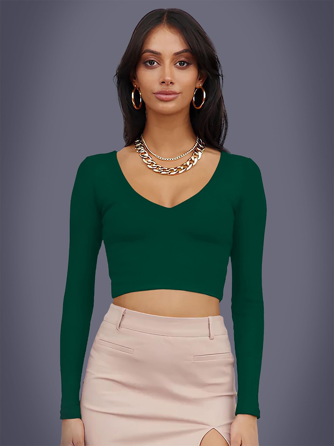 

Dream Beauty Fashion Women V-Neck Long Sleeves Fitted Crop Top, Green