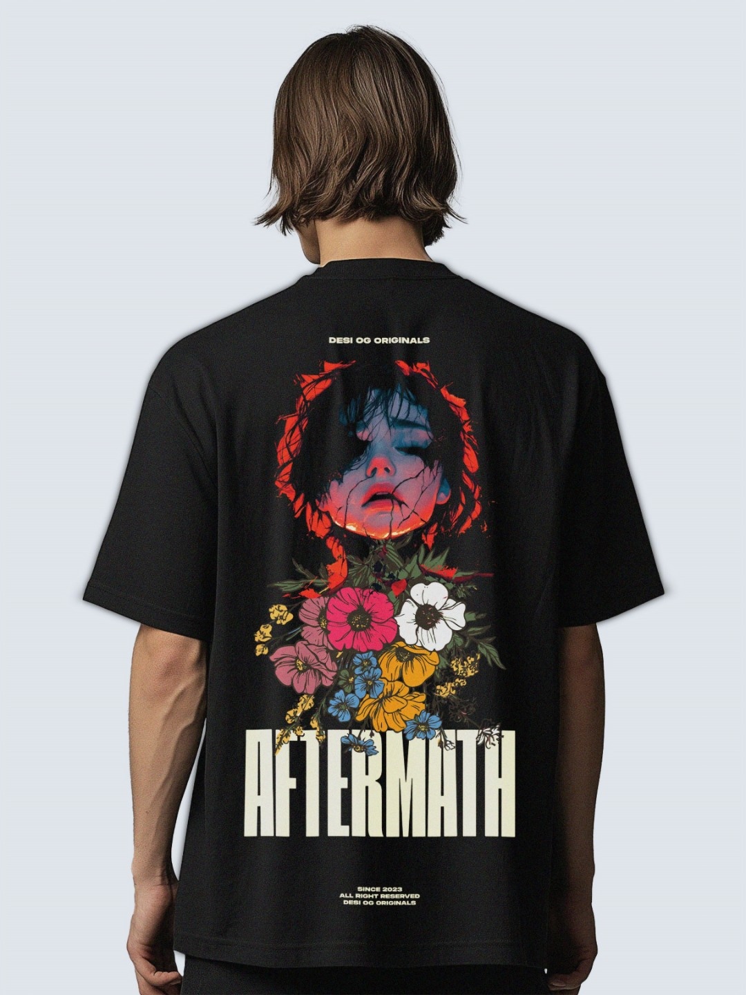 

Desi OG Men Floral Printed Round Neck Cotton Oversized T-shirt, Black