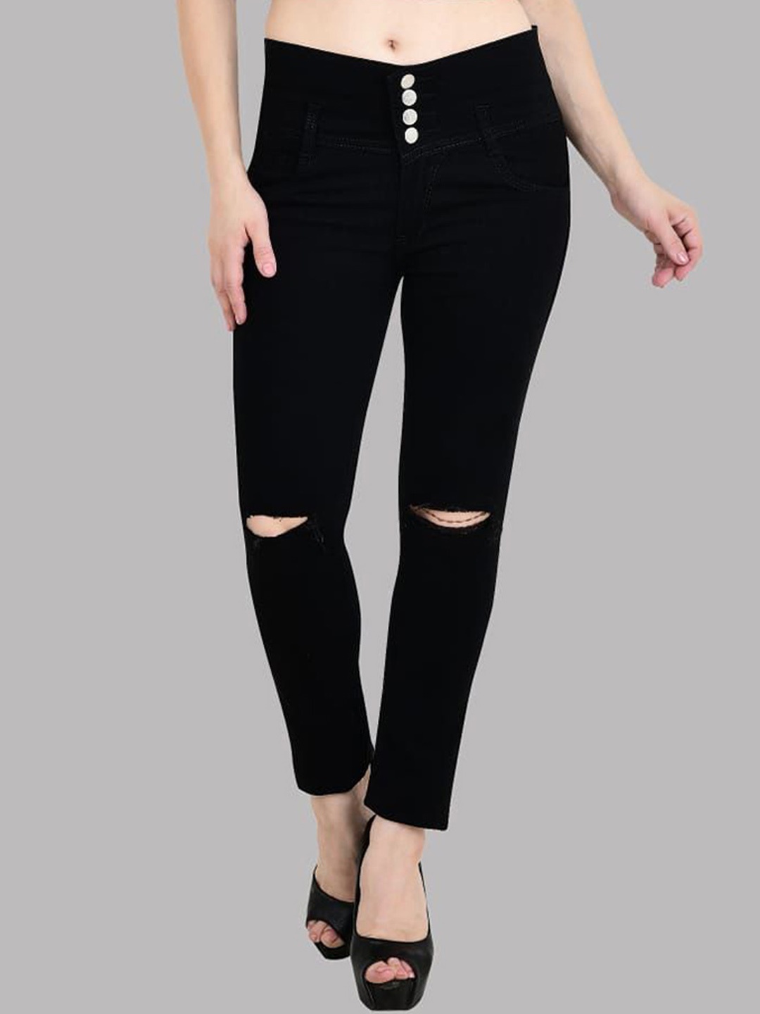 

LINARIA Women Classic Regular Fit Slash Knee Cotton Jeans, Black