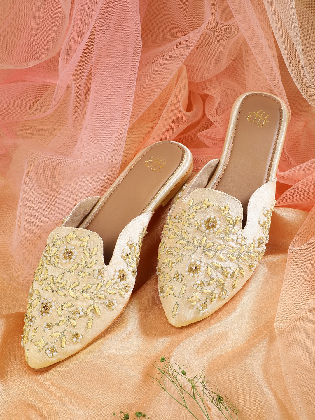 

House of Pataudi Floral Embroidered Mules, Cream