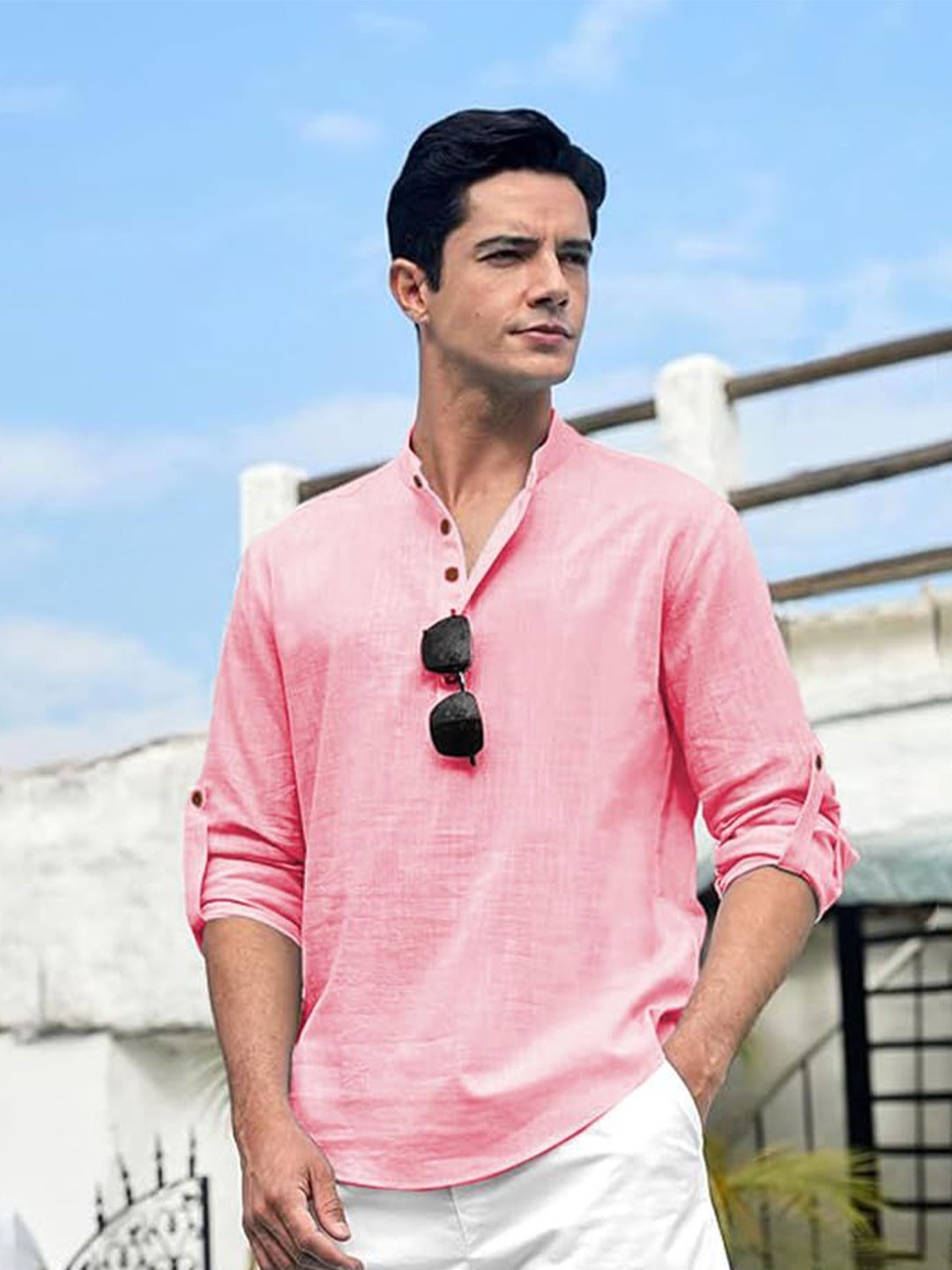 

EdinWolf Men India Slim Fit Mandarin Collar Solid Cotton Casual Shirt, Pink