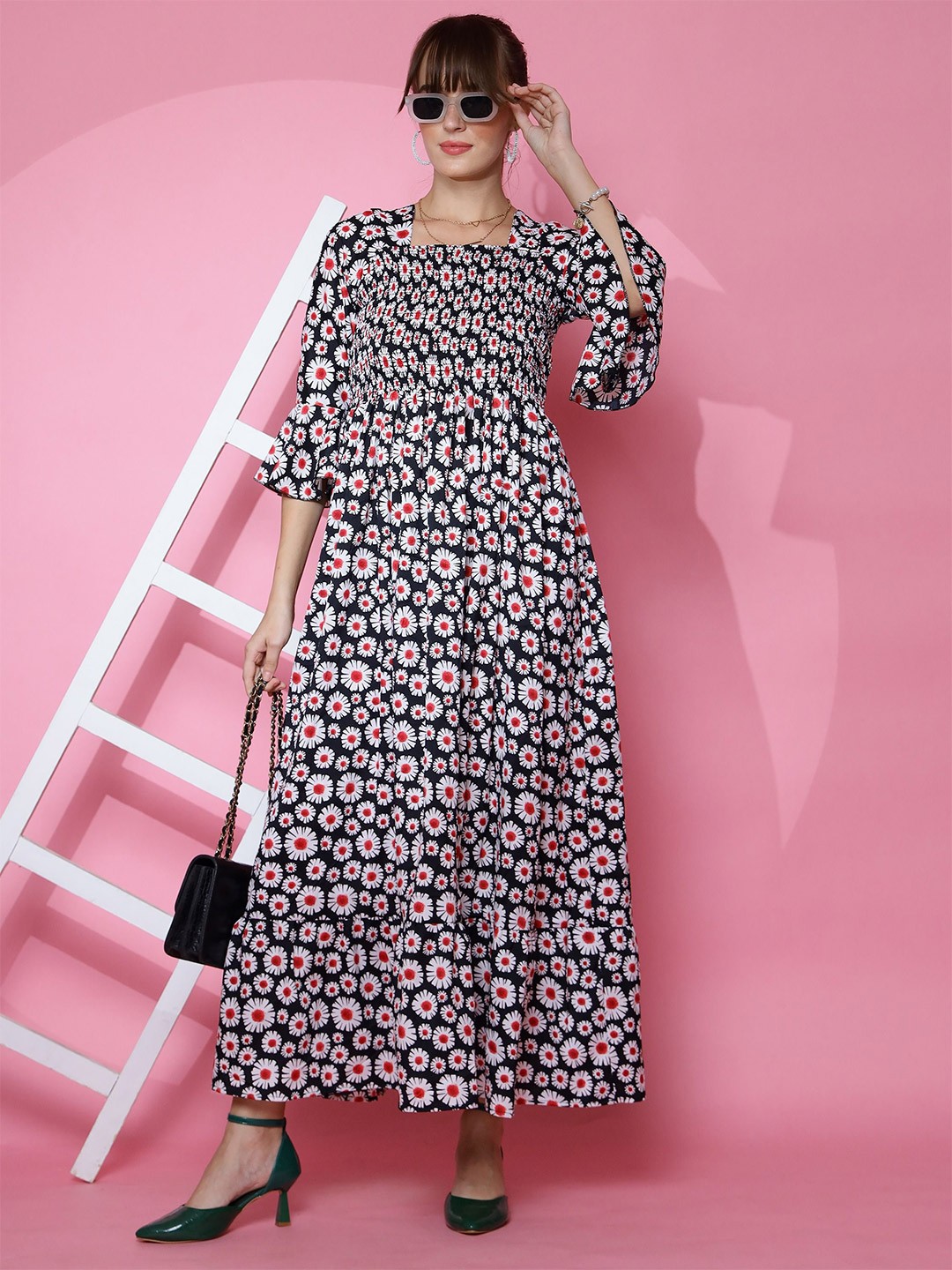 

De La Moda Women Floral Print Fit & Flare Maxi Dress, Black