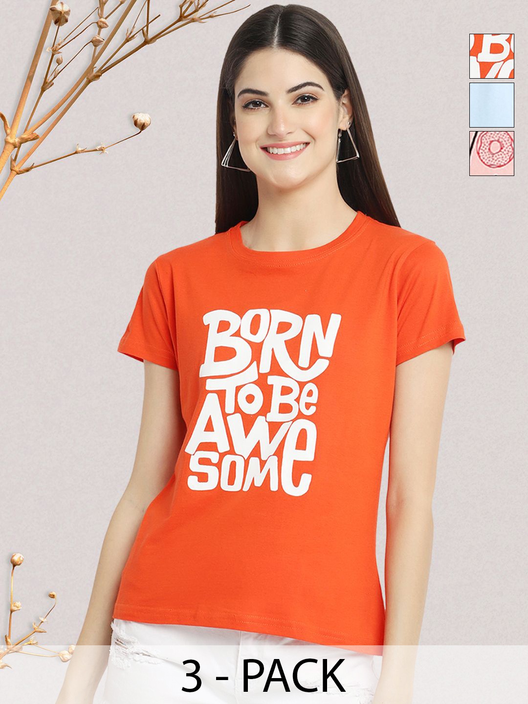 

GLOBAL NOMAD Women Pack of 3 Typography Printed Round Neck Cotton T-shirts, Orange