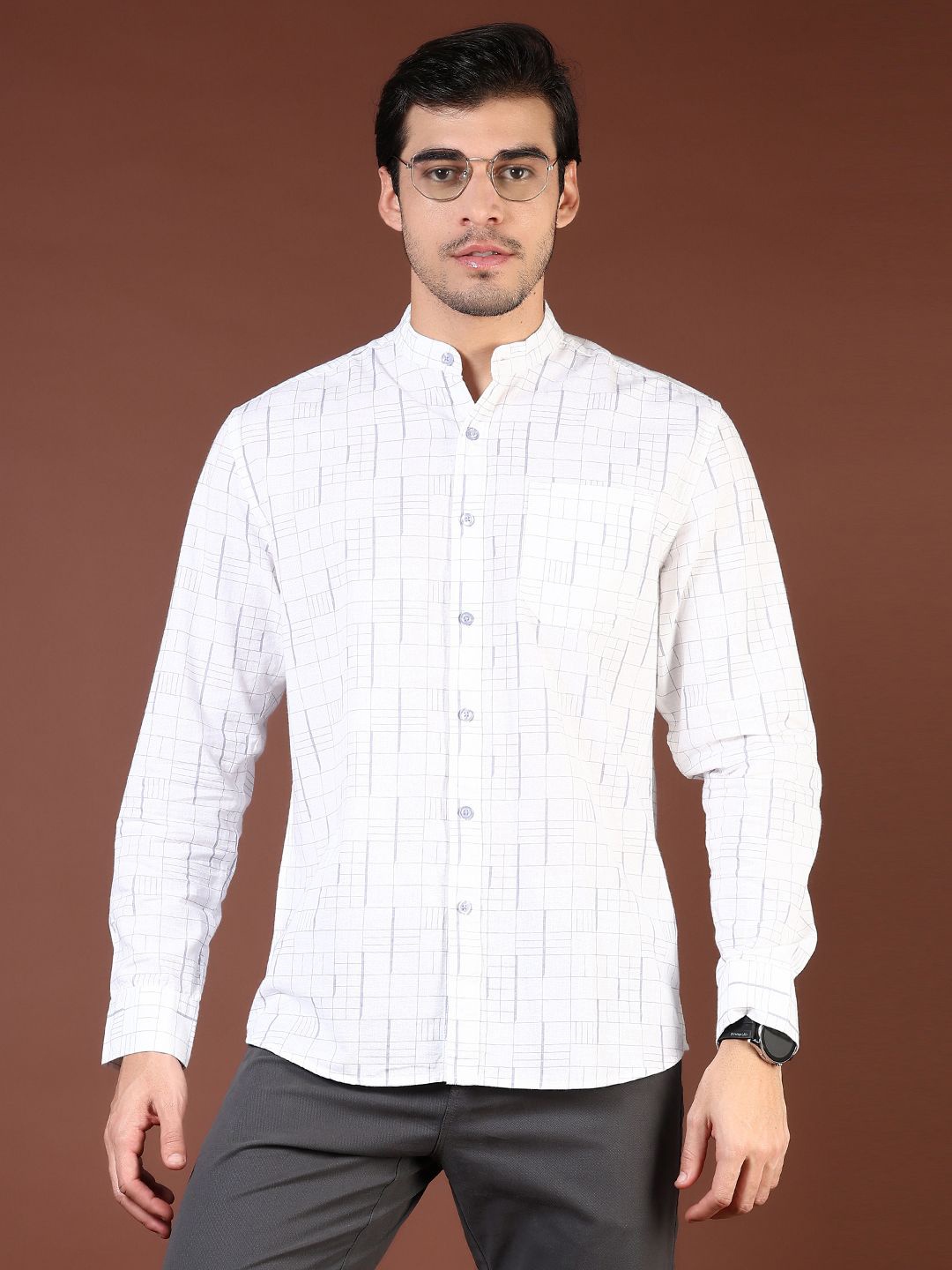 

V-Mart Men Slim Fit Band Collar Vertical Striped Cotton Casual Shirt, White