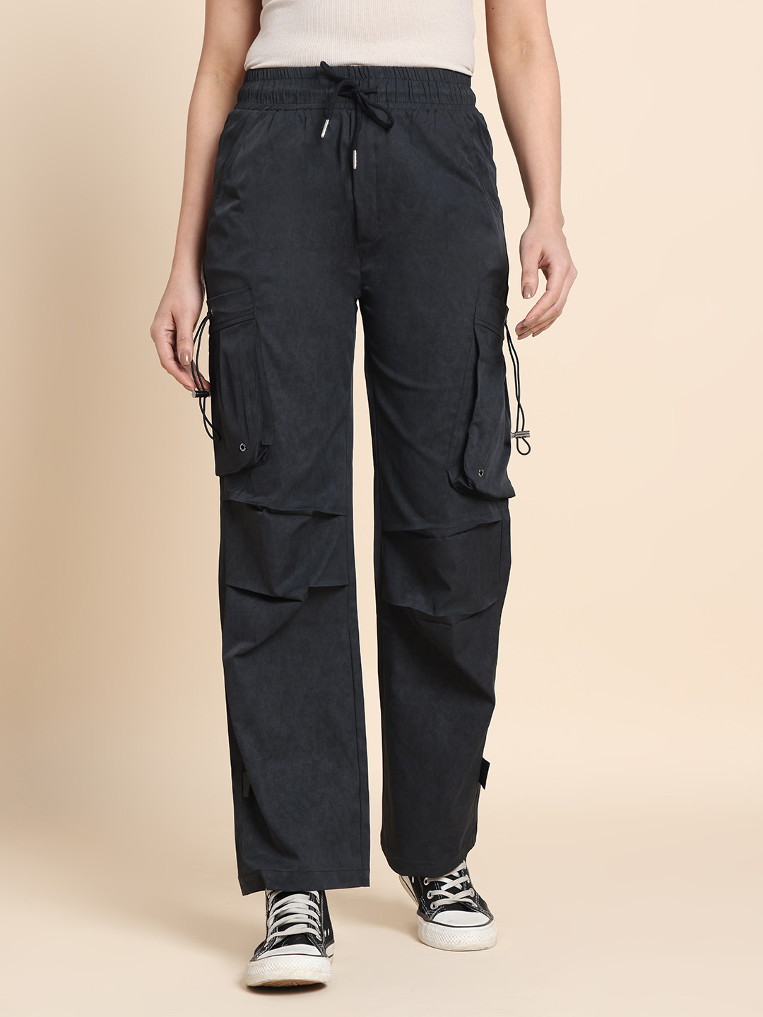 

Clevion Women Comfort Loose Fit High-Rise Wrinkle Free Trousers, Black