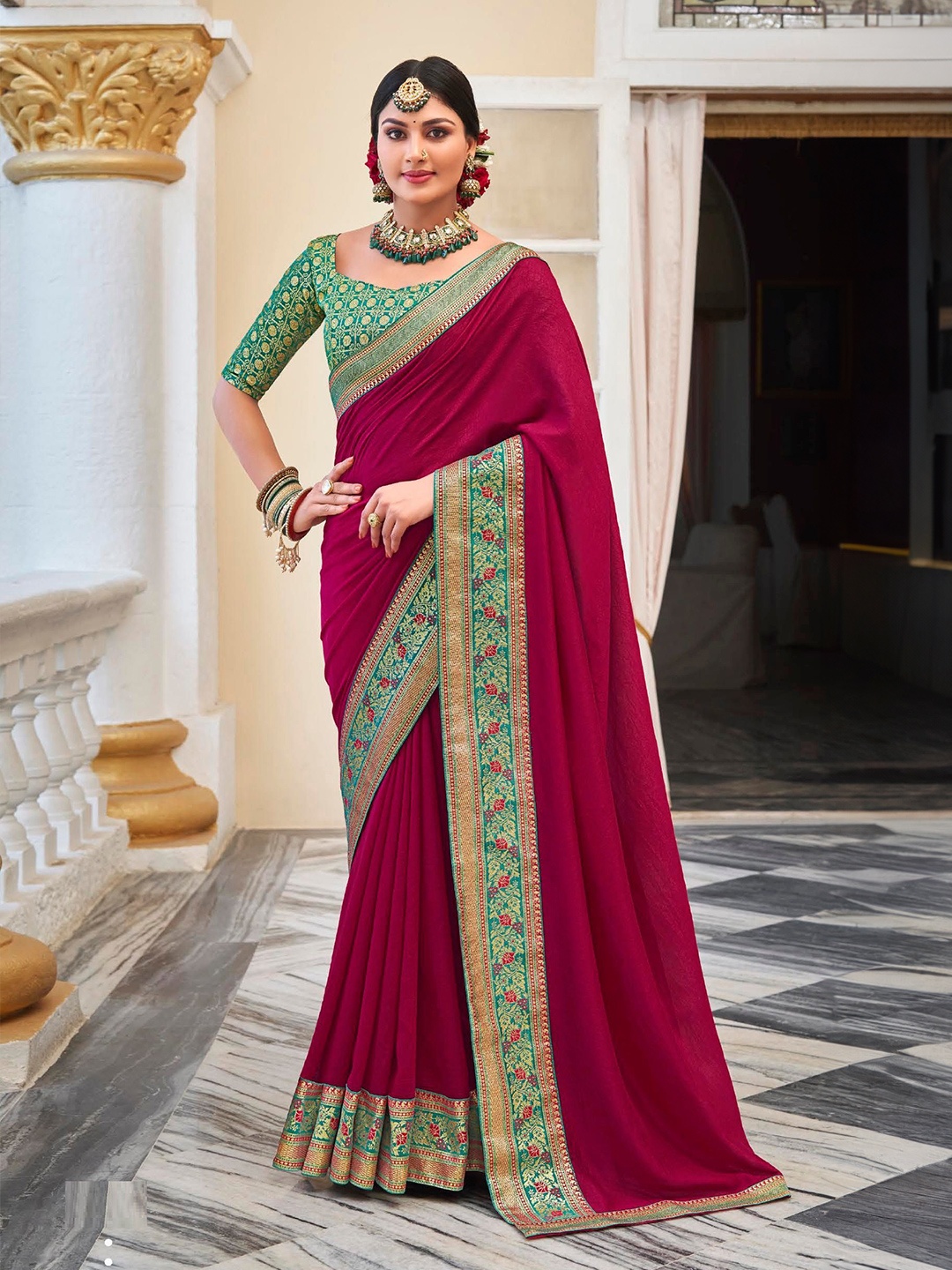 

MAHALASA Ethnic Motifs Woven Design Saree, Pink