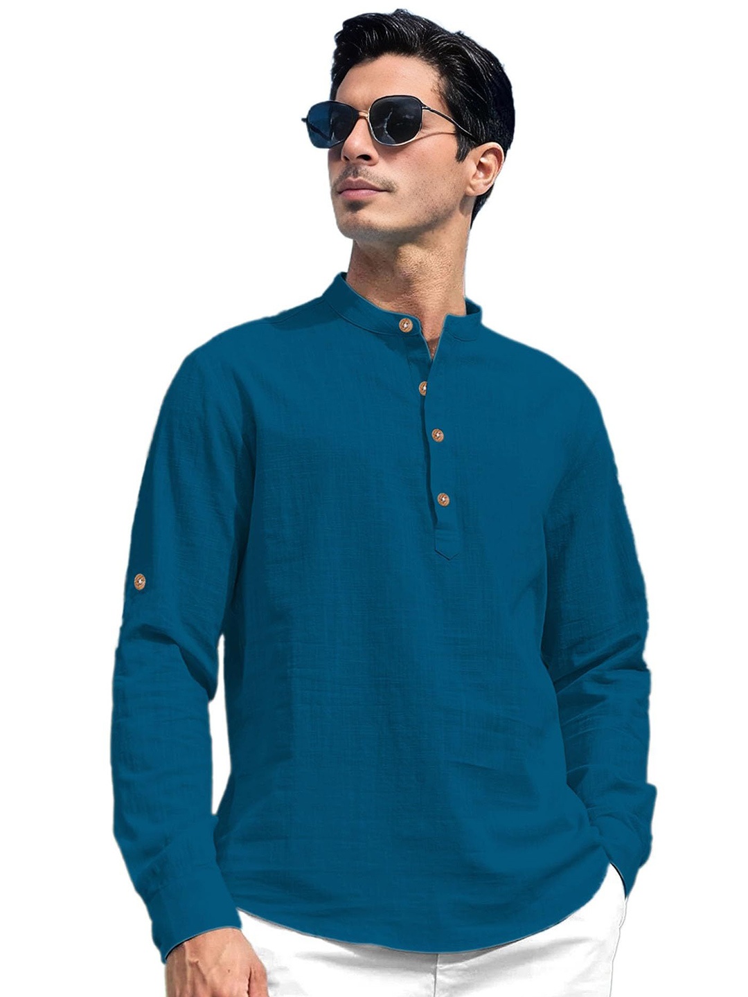 

EdinWolf Men India Slim Fit Band Collar Solid Cotton Casual Shirt, Teal