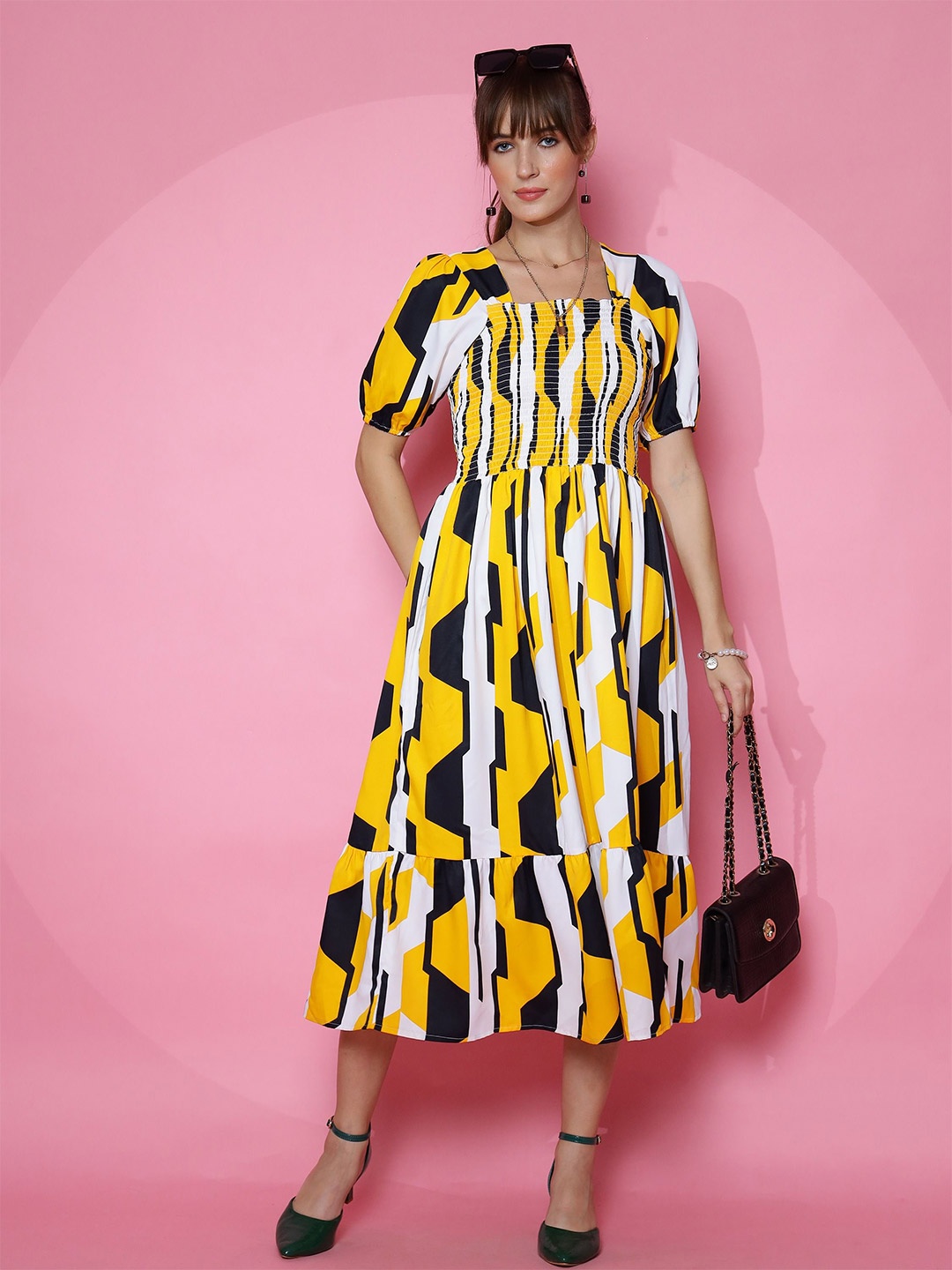 

De La Moda Women Printed Puff Sleeve Fit & Flare Midi Dress, Yellow