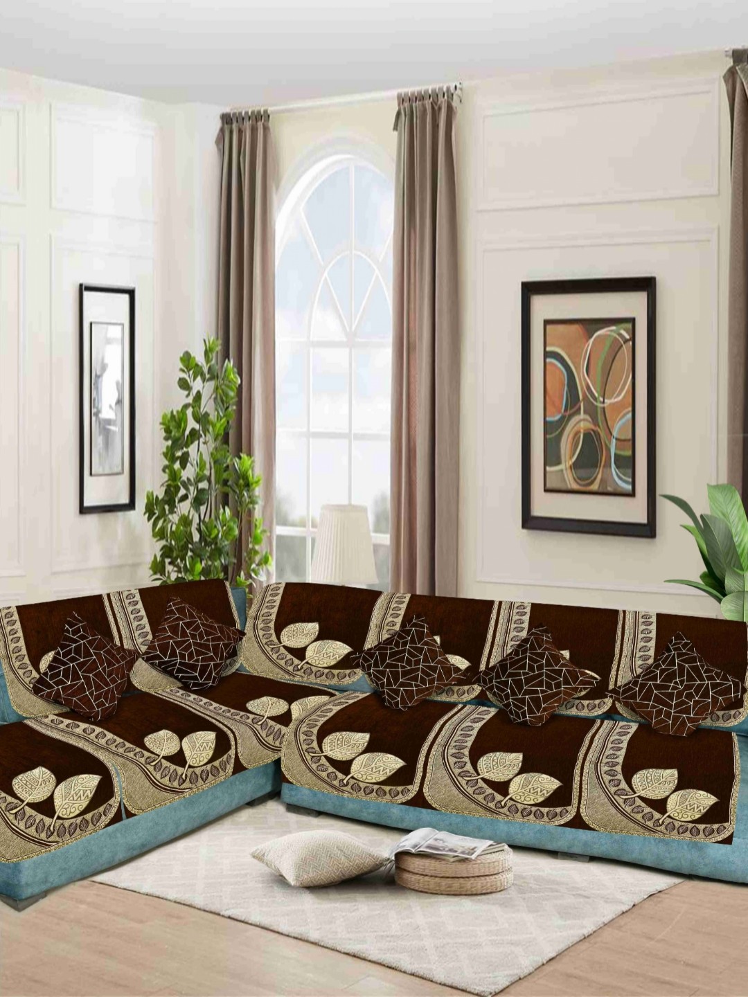 

SAWNA HOMES Brown & Beige 12 Pieces Floral Printed Velvet L Shape 6-Seater Sofa Covers