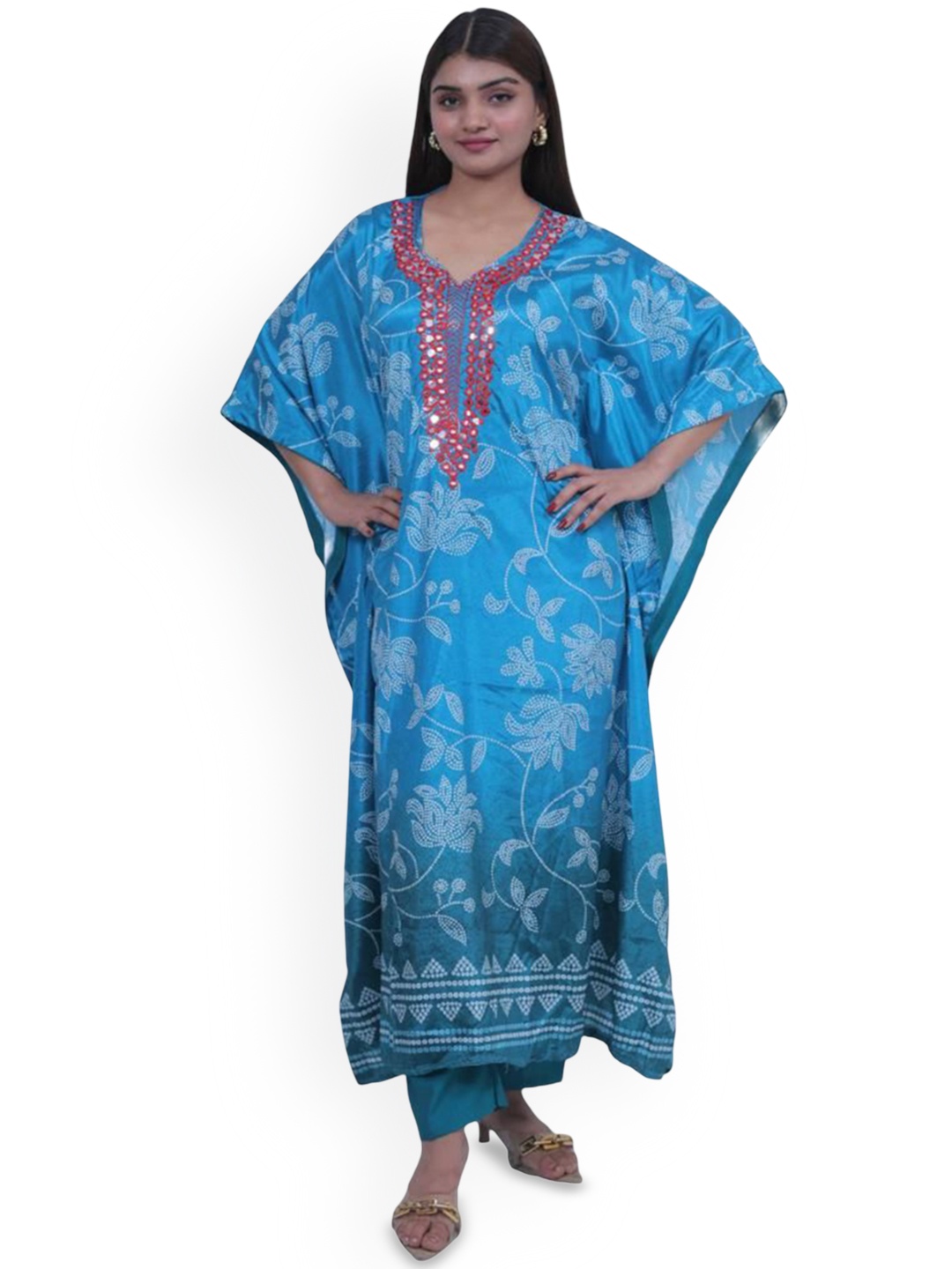 

Wavy Collection Bhandani Printed Pure Silk Kaftan Kurta with Trousers, Blue