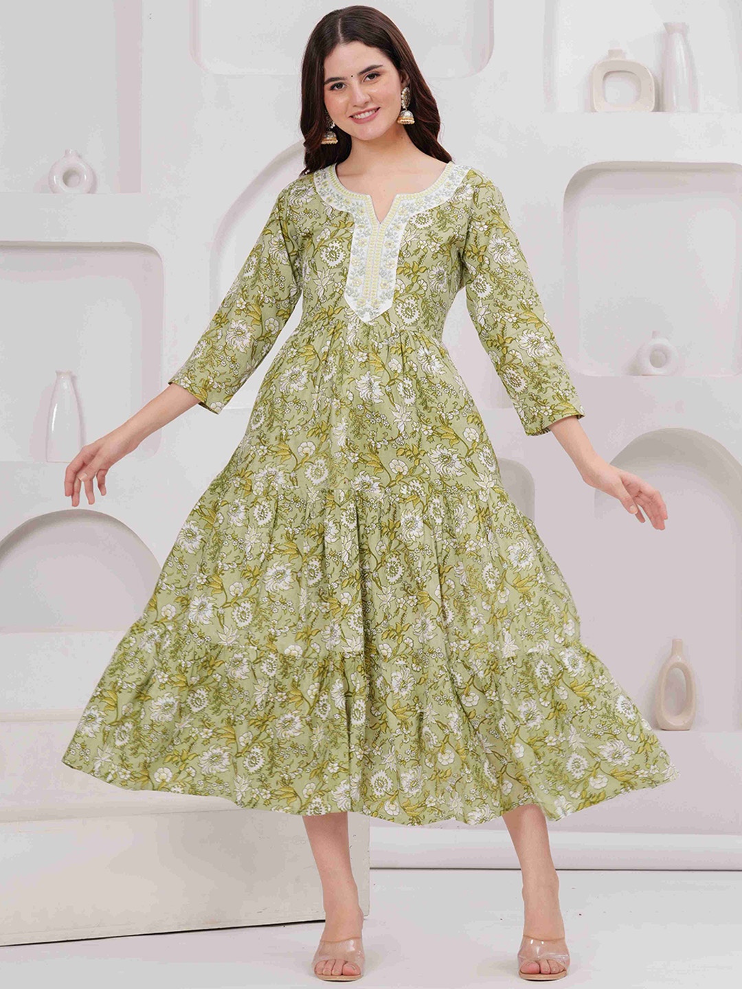 

ALEXEY JAY Floral Printed Notch Neck Sequinned Fit & Flare Pure Cotton Midi Ethnic Dress, Green