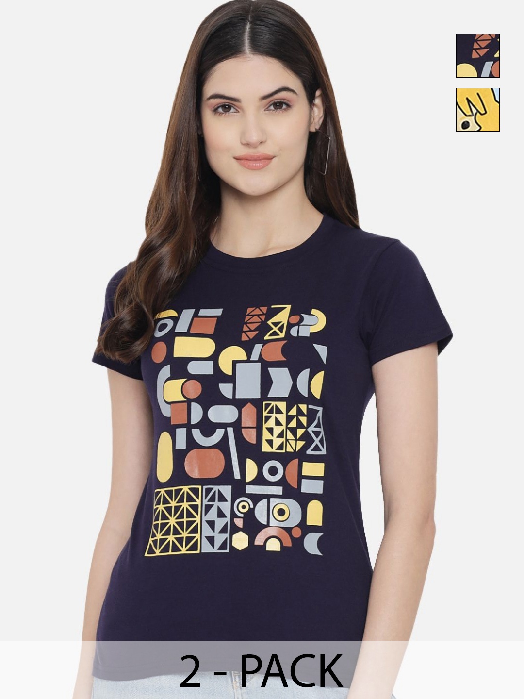

Tromko Women Typography Printed Round Neck Cotton Regular Fit T-shirt, Navy blue