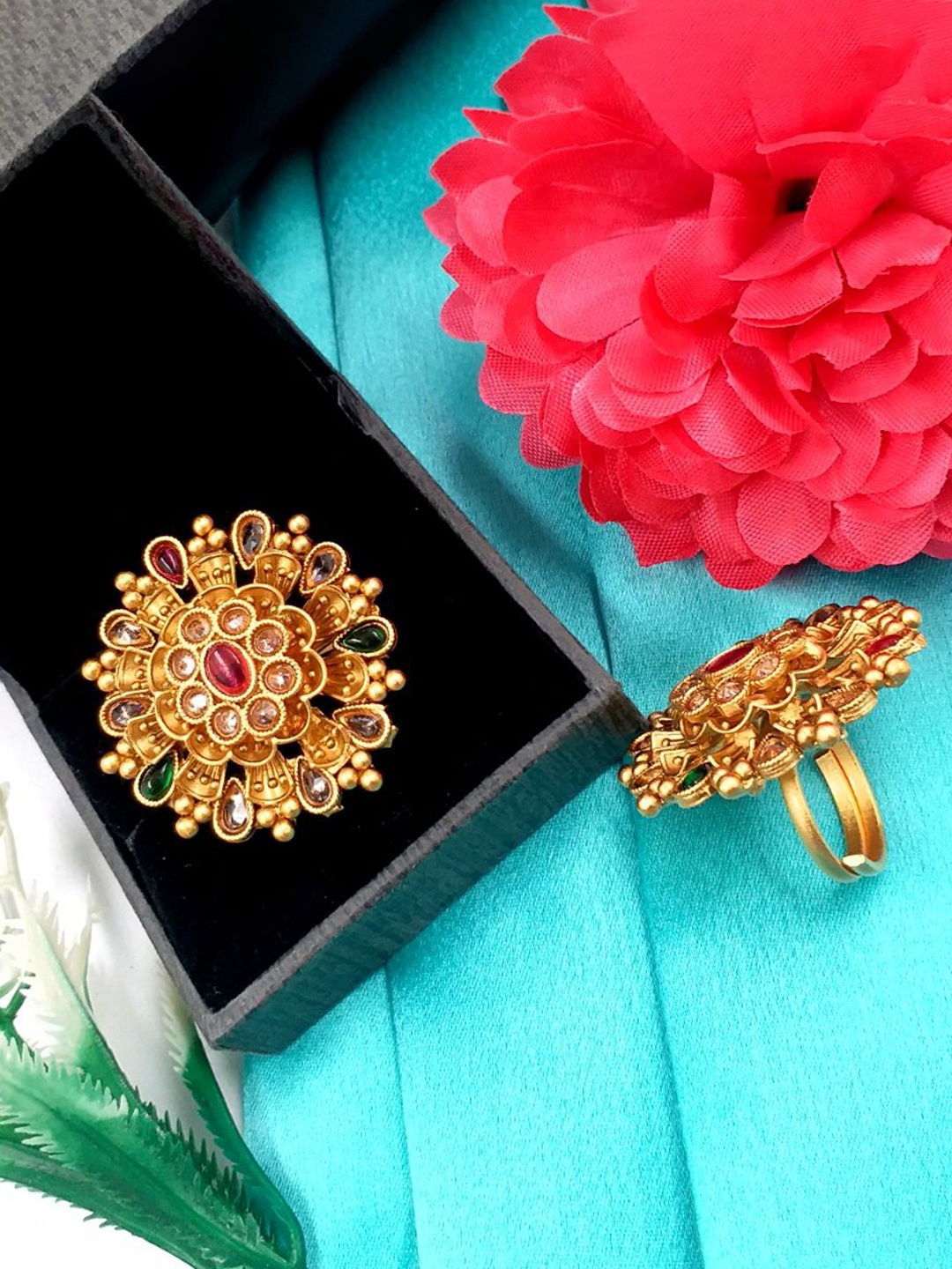 

JYONA Gold-Plated Stone-Studded Adjustable Finger Ring