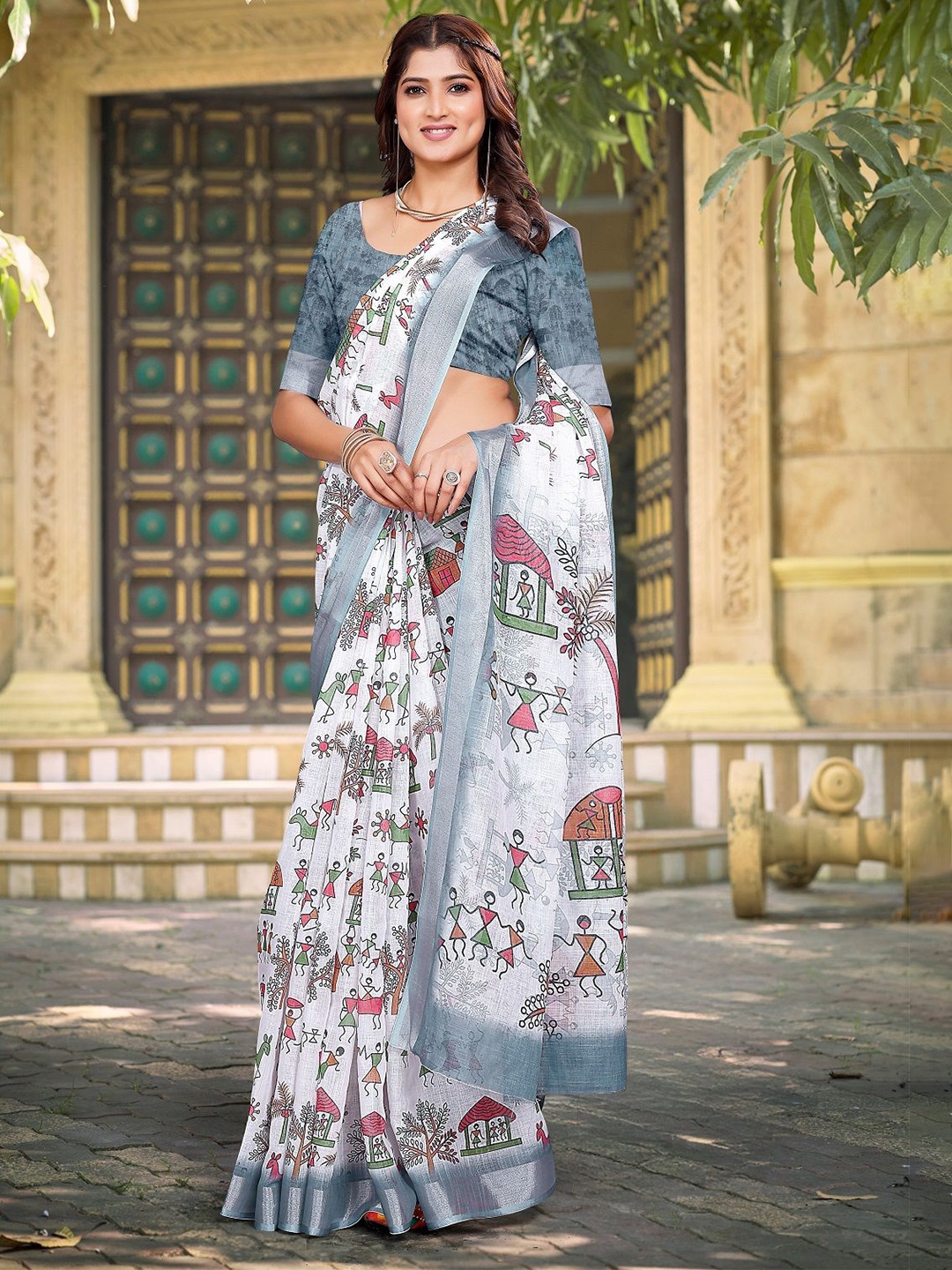 

Nimidiya Warli Printed Pure Cotton Saree, White