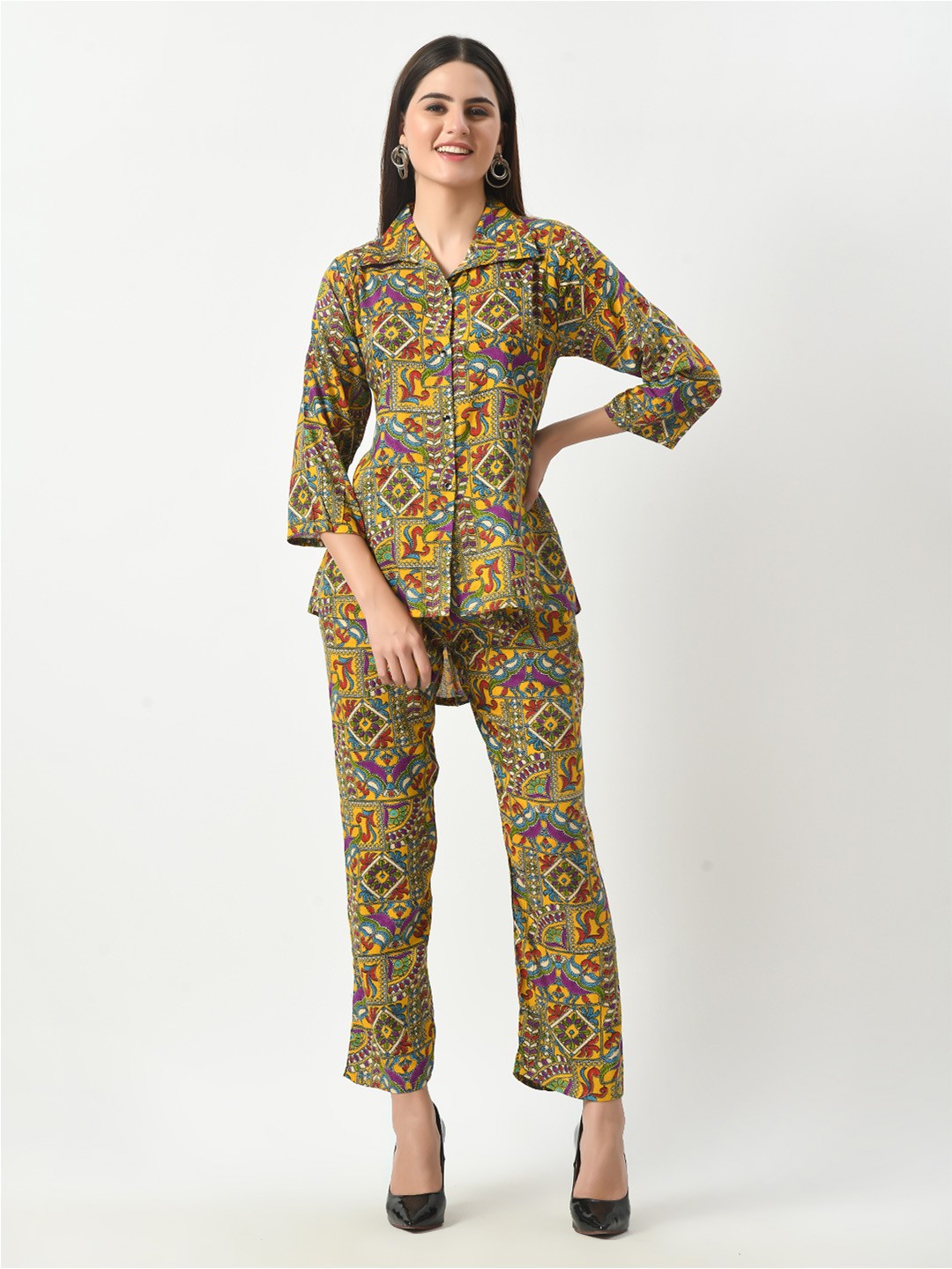 

Dreambe Printed Shirt Collar Shirt With Trousers, Yellow