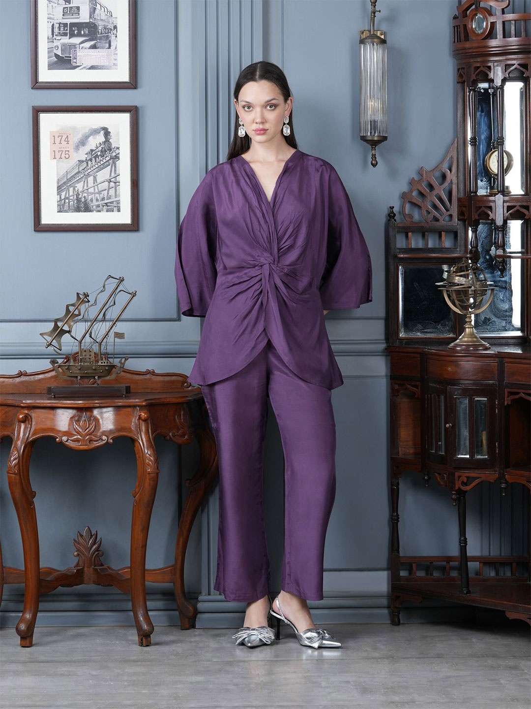 

JISORA Pure Silk Tunic With Trousers Co-Ords, Purple