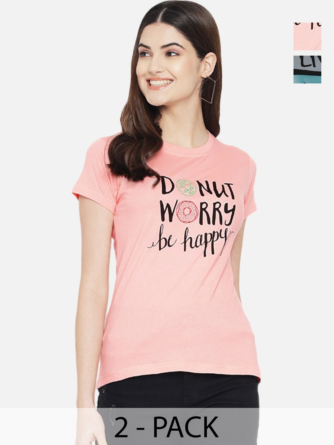 

Tromko Women Pack of 2 Typography Printed Round Neck Cotton Regular Fit T-shirts, Peach