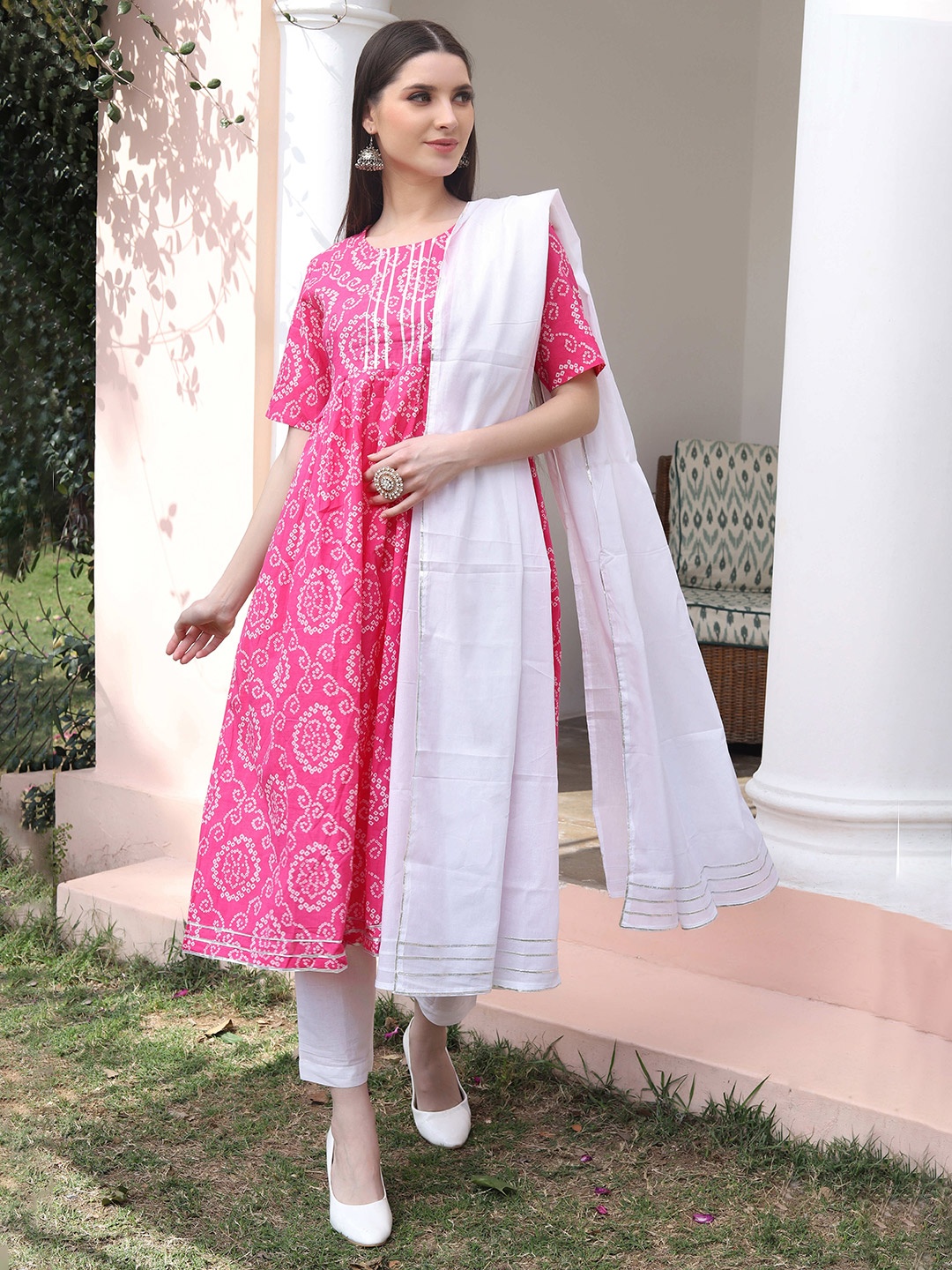 

Fourleaf Bandhani Printed Round Neck Pure Cotton A-Line Kurta with Trousers & Dupatta, Pink