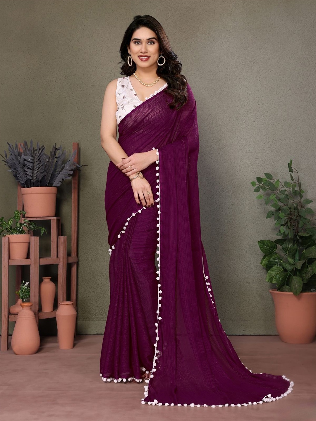 

ODETTE Wine Banglori Lace Work Saree With Unstitched Blouse For Women, Purple