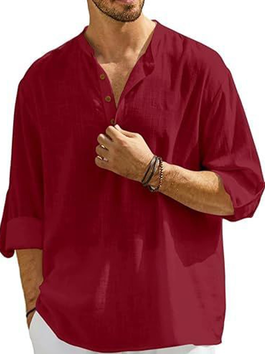 

EdinWolf Men India Slim Fit Band Collar Solid Cotton Casual Shirt, Maroon